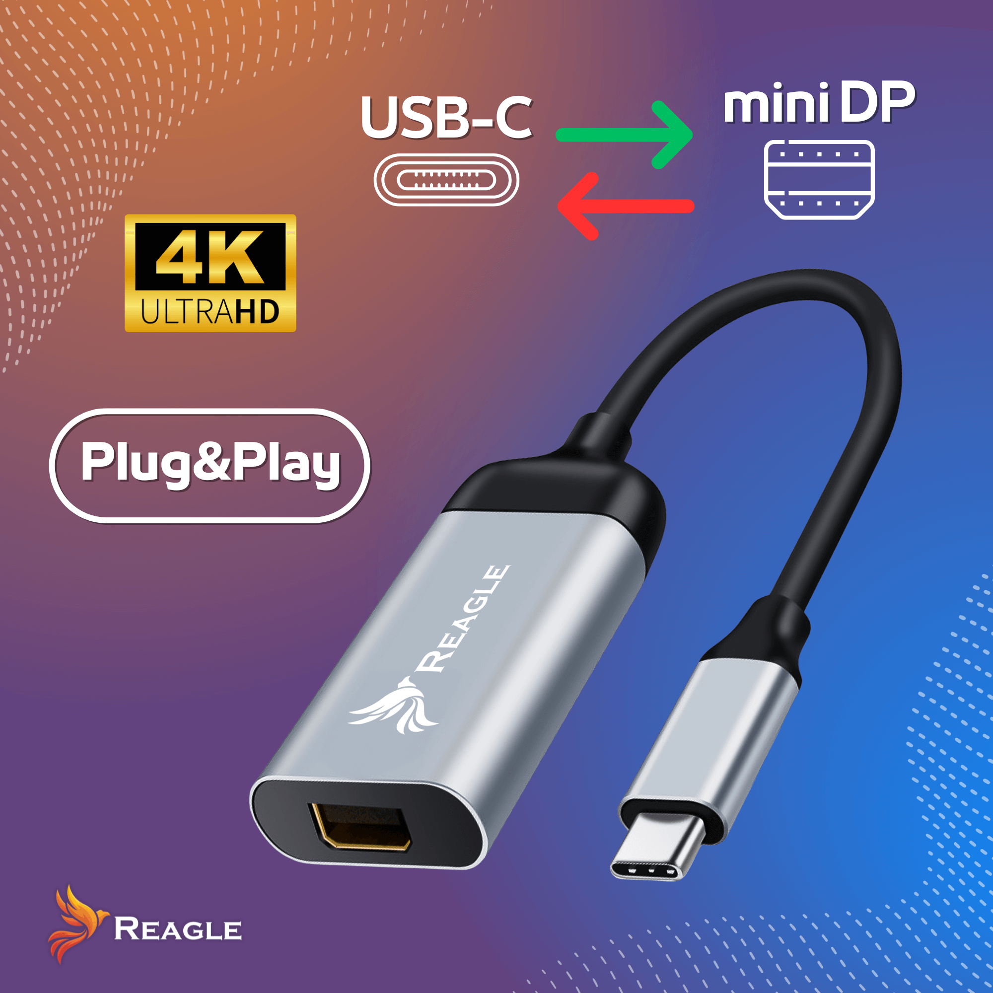 Srebrny adapter USB-C do mini DP z logo. Strzałki pokazują przepływ danych między portami USB-C i mini DP.