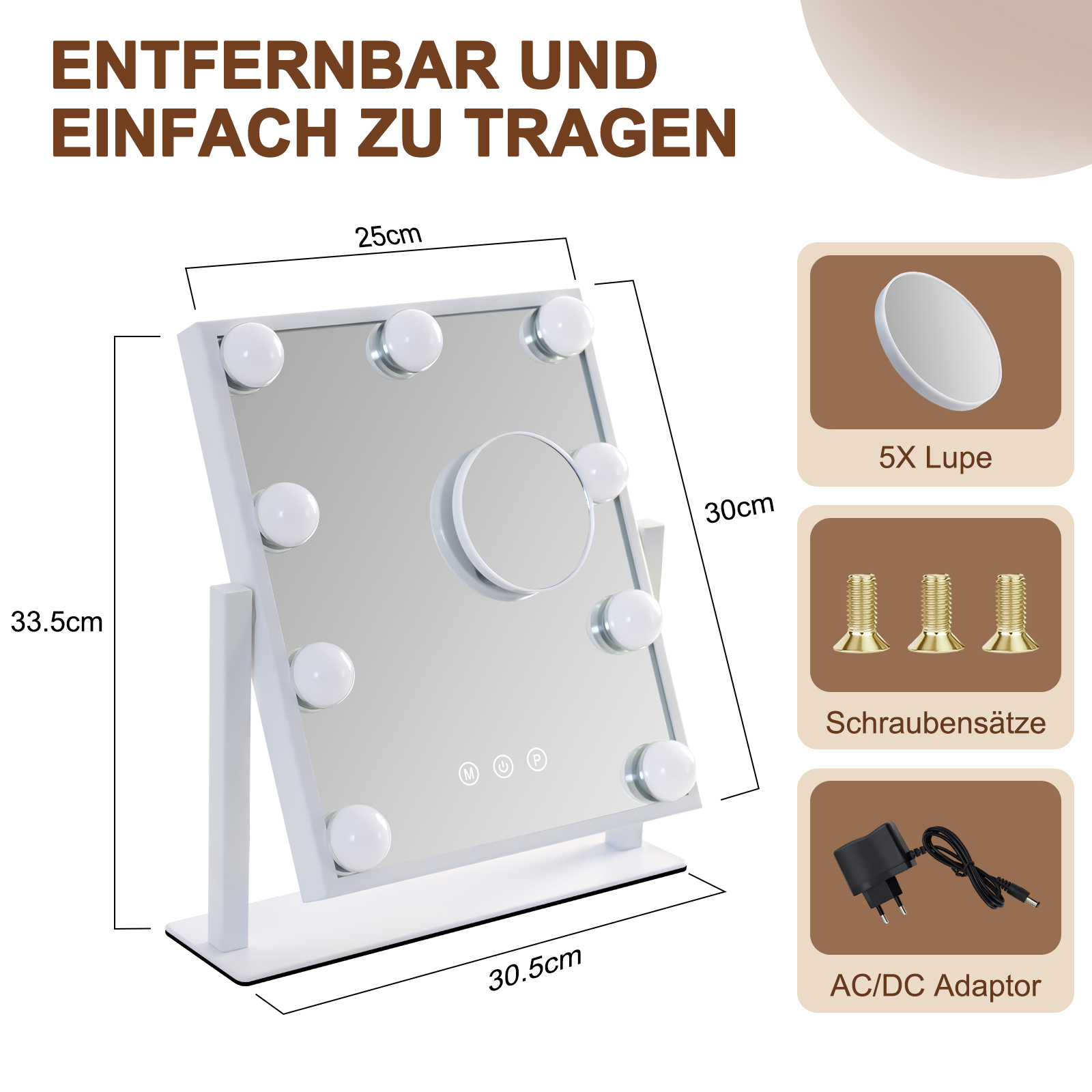 Schemat przedstawia lustro do makijażu z żarówkami, wymiary w centymetrach, szkło powiększające, śruby i adapter.