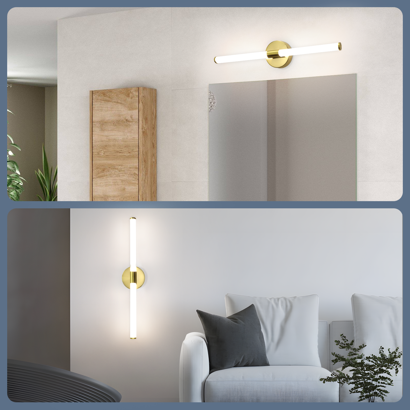 Luminaria en una pared. En la imagen también se muestra un espejo y un sofá blanco. El estilo es moderno.