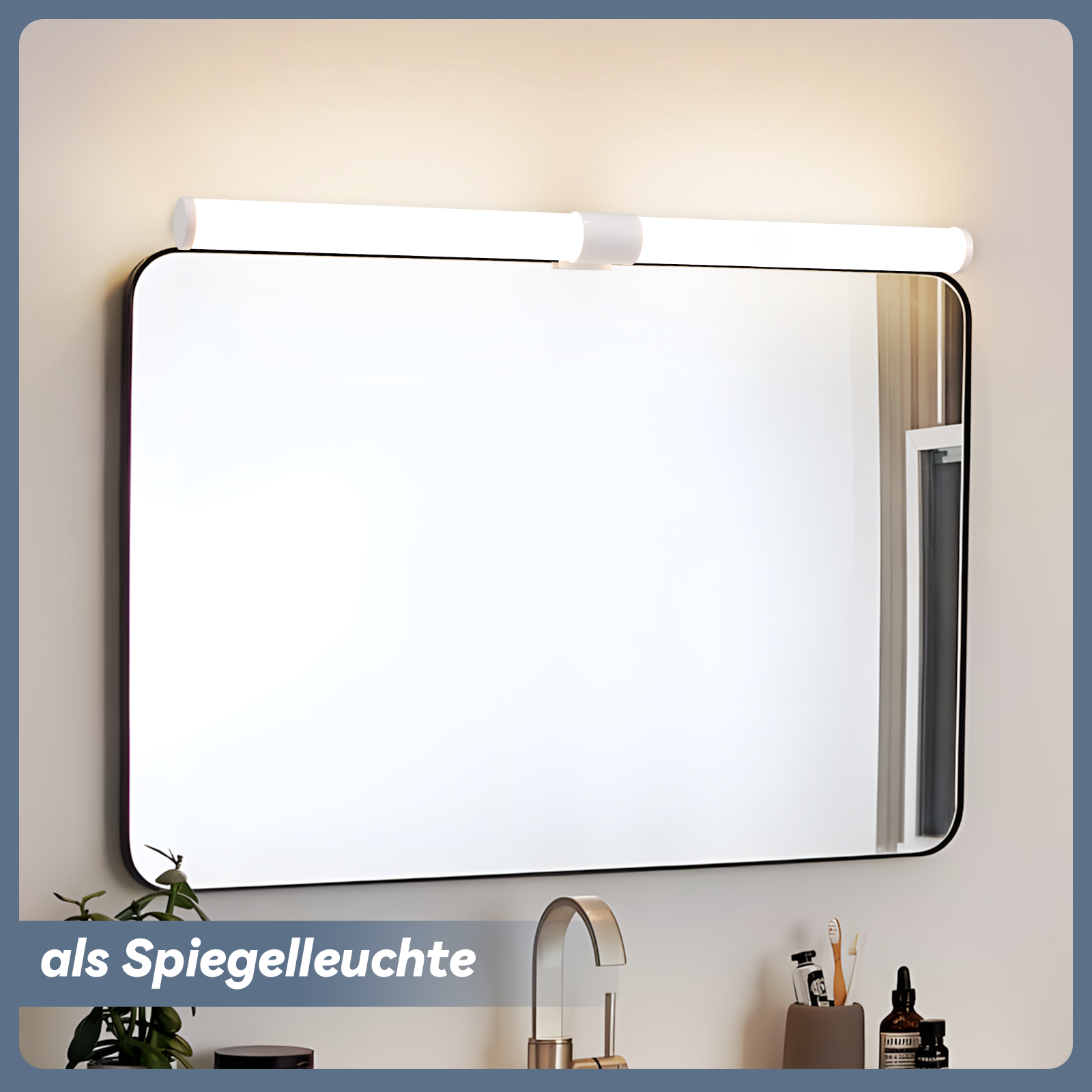 Ein rechteckiger Spiegel mit Licht darüber ist an einer Wand befestigt. Der Spiegel befindet sich über einem Waschbecken und Wasserhähnen.