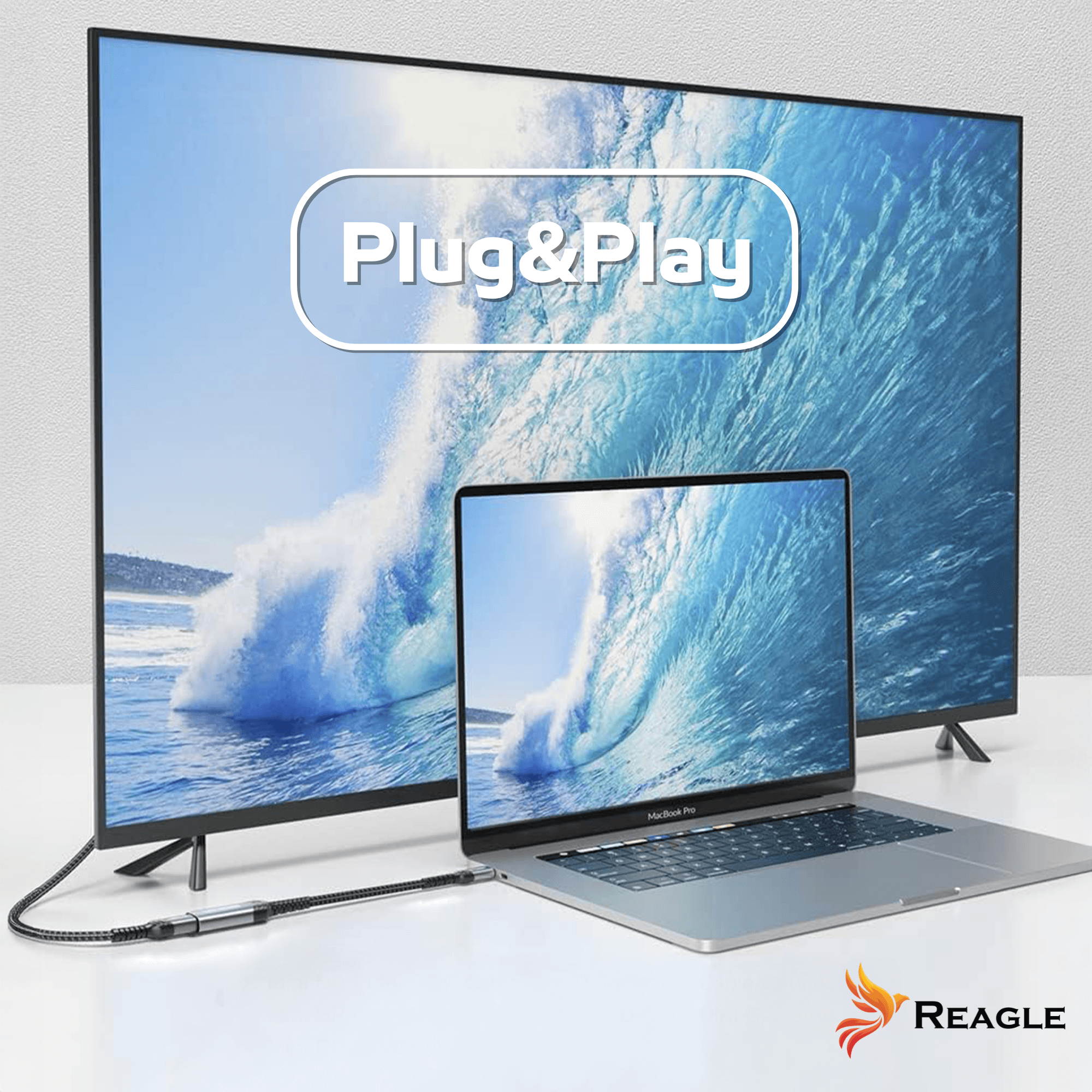 Laptop podłączony do ekranu telewizora wyświetlającego falę, z nałożonym tekstem „Plug & Play” i logo REAGLE.