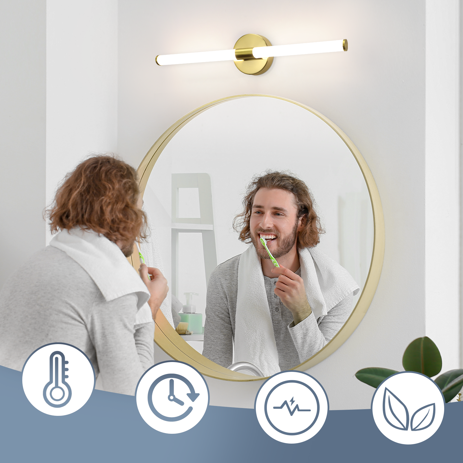 Un hombre cepillándose los dientes frente a un espejo. Hay iconos de temperatura, tiempo y ahorro de energía.