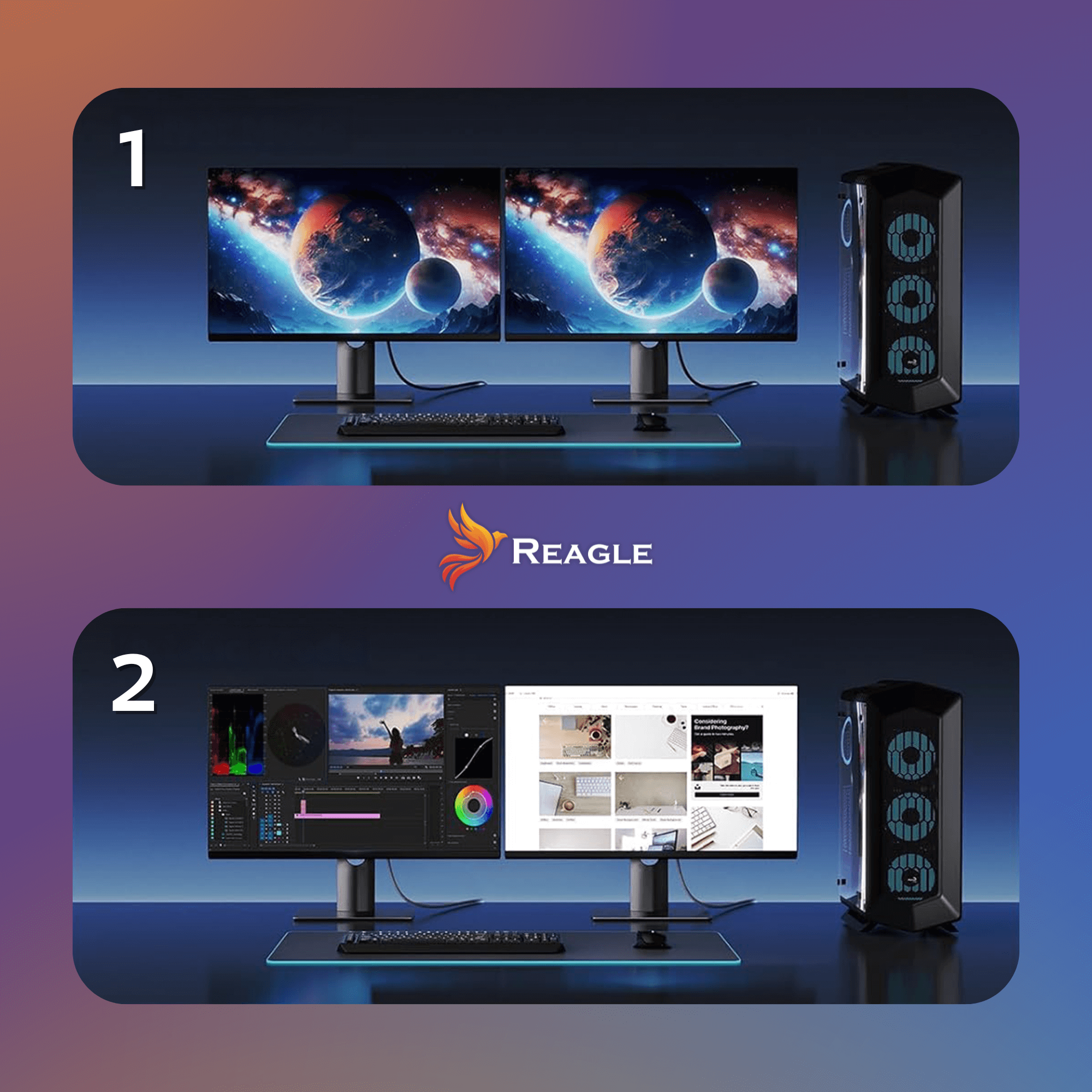 Pokazano dwa monitory komputerowe i obudowę komputera PC. Monitory wyświetlają takie same i różne obrazy.