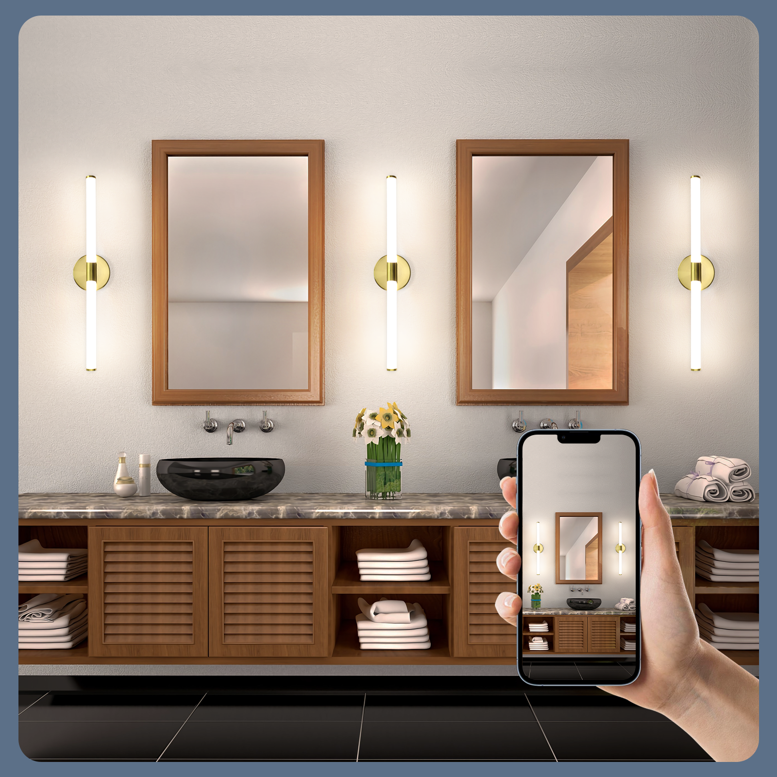 Un baño moderno con dos espejos, luces y un teléfono inteligente que muestra la misma configuración.