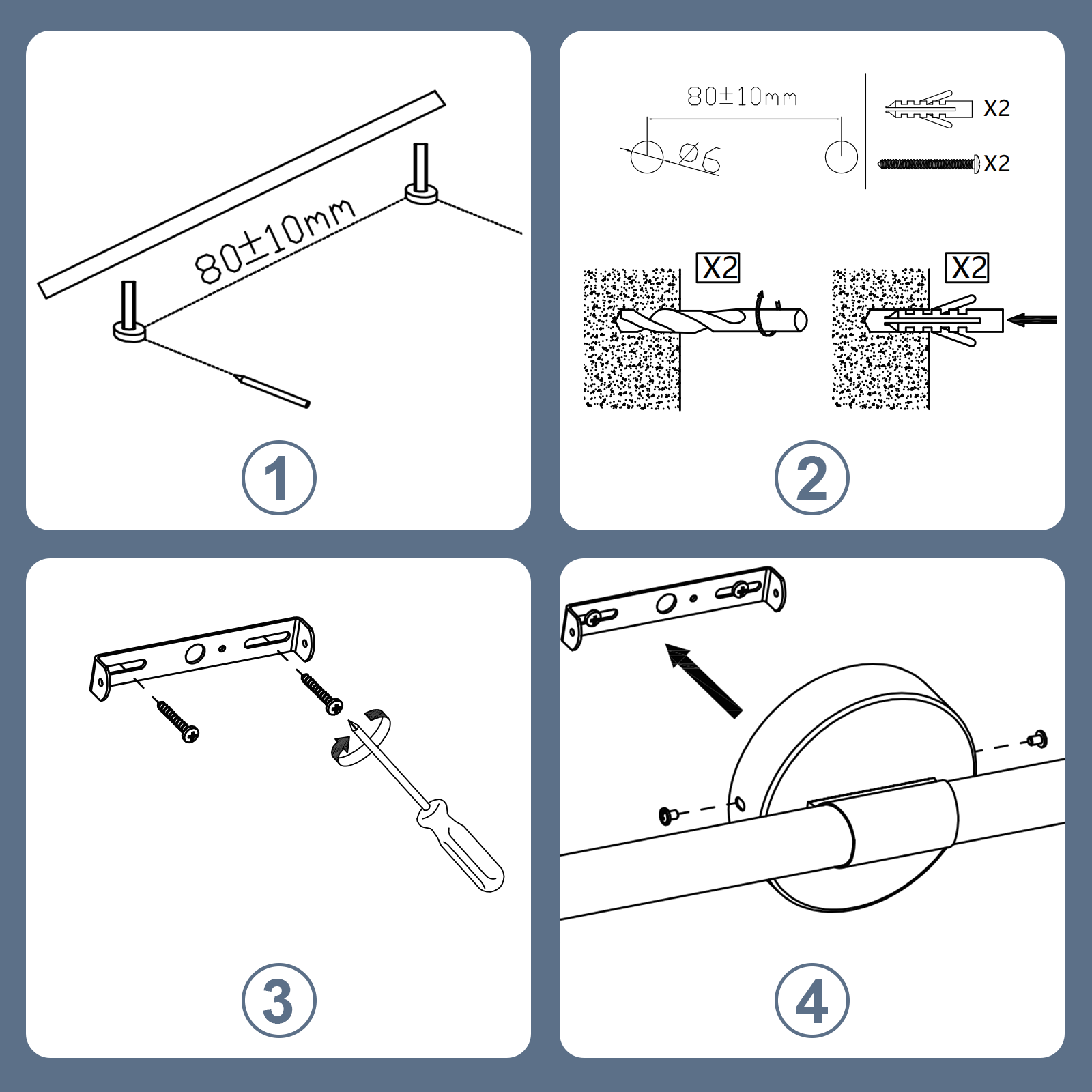 Un diagrama muestra cuatro pasos para instalar una lámpara, incluyendo taladrar agujeros y montar la lámpara en la pared.