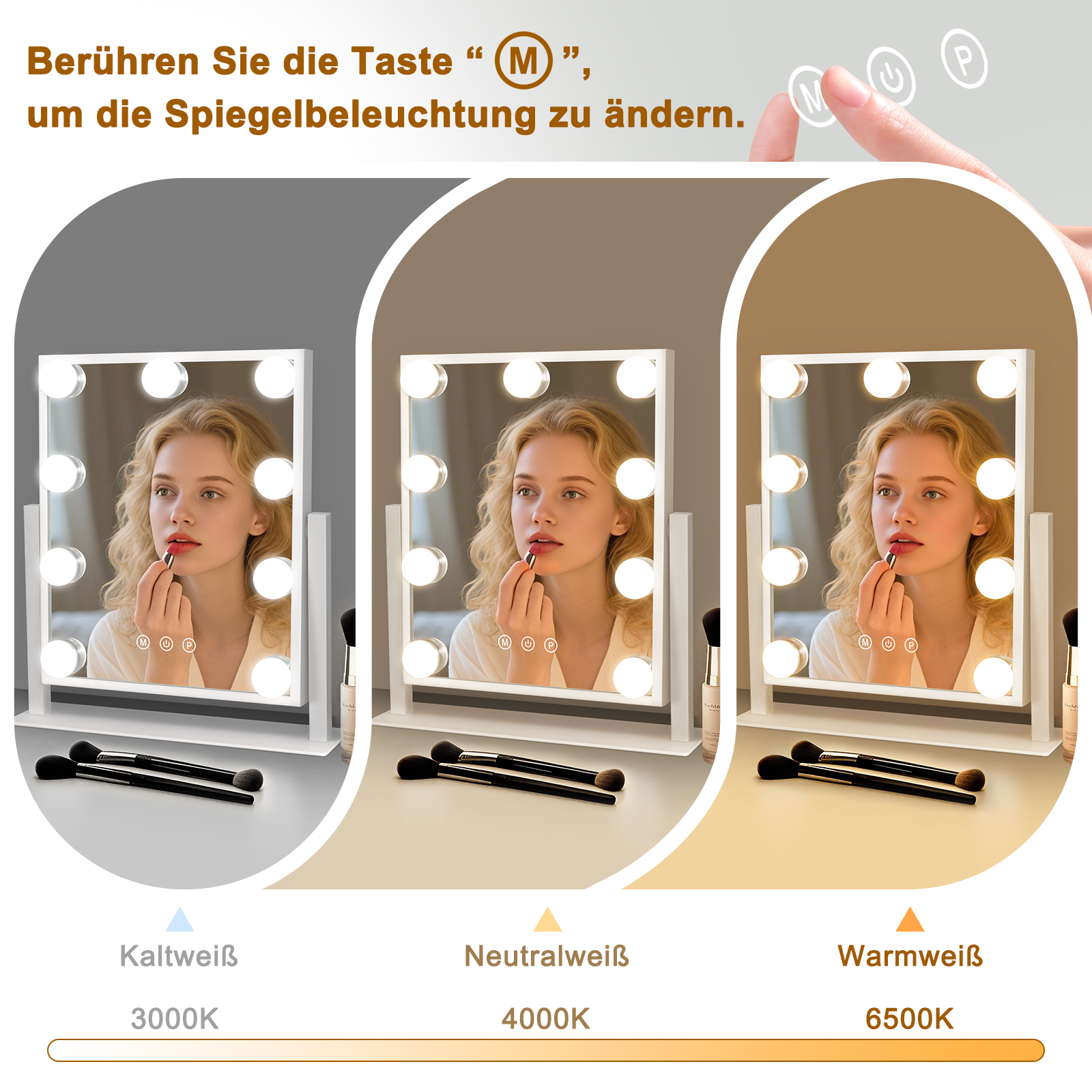 Kobieta nakłada makijaż przed lustrem z oświetleniem. Obraz pokazuje trzy różne ustawienia światła.