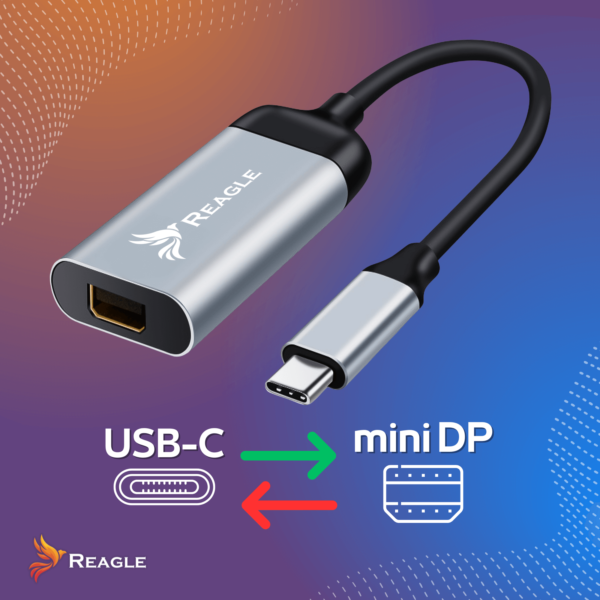 Srebrny adapter USB-C do mini DP z logo. Strzałki pokazują przepływ danych między portami USB-C i mini DP.