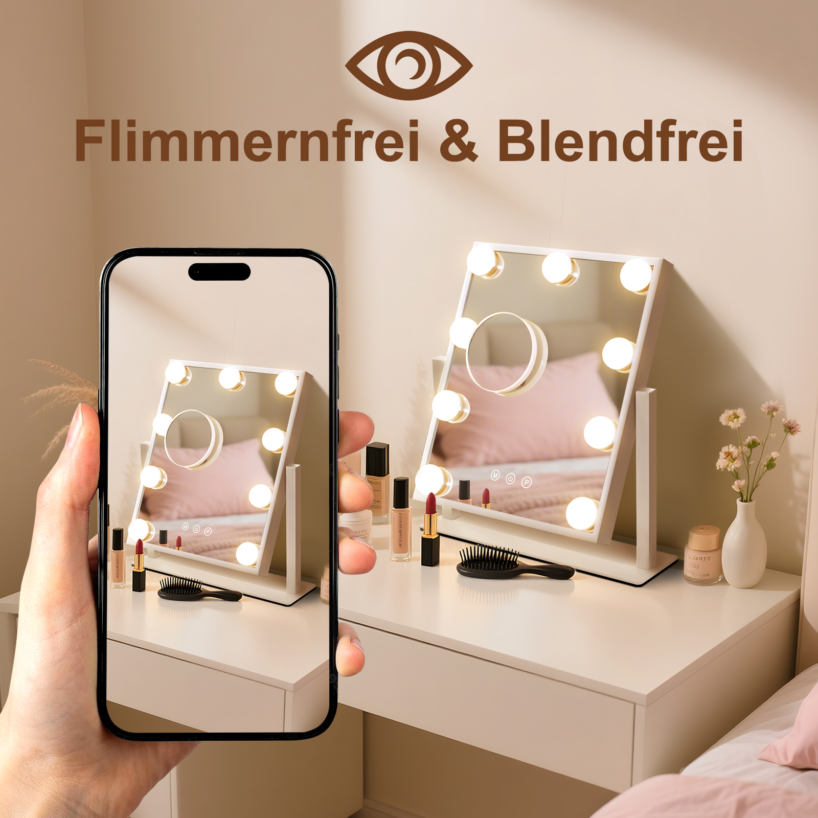 Ręka trzyma telefon pokazujący lustro do makijażu. Tekst mówi „Flimmerfrei & Blendfrei”. Na toaletce stoi kolejne lustro.