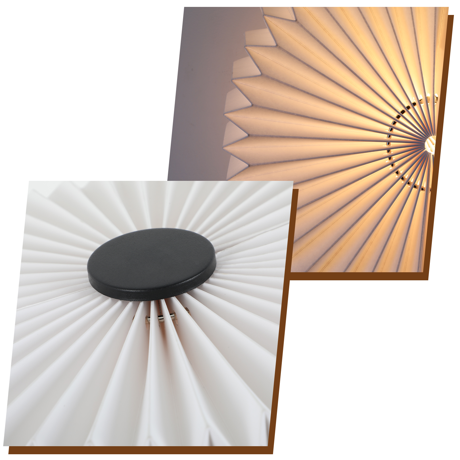 Zbliżenie białego, plisowanego abażuru z czarną górą. Szczegółowy widok konstrukcji.