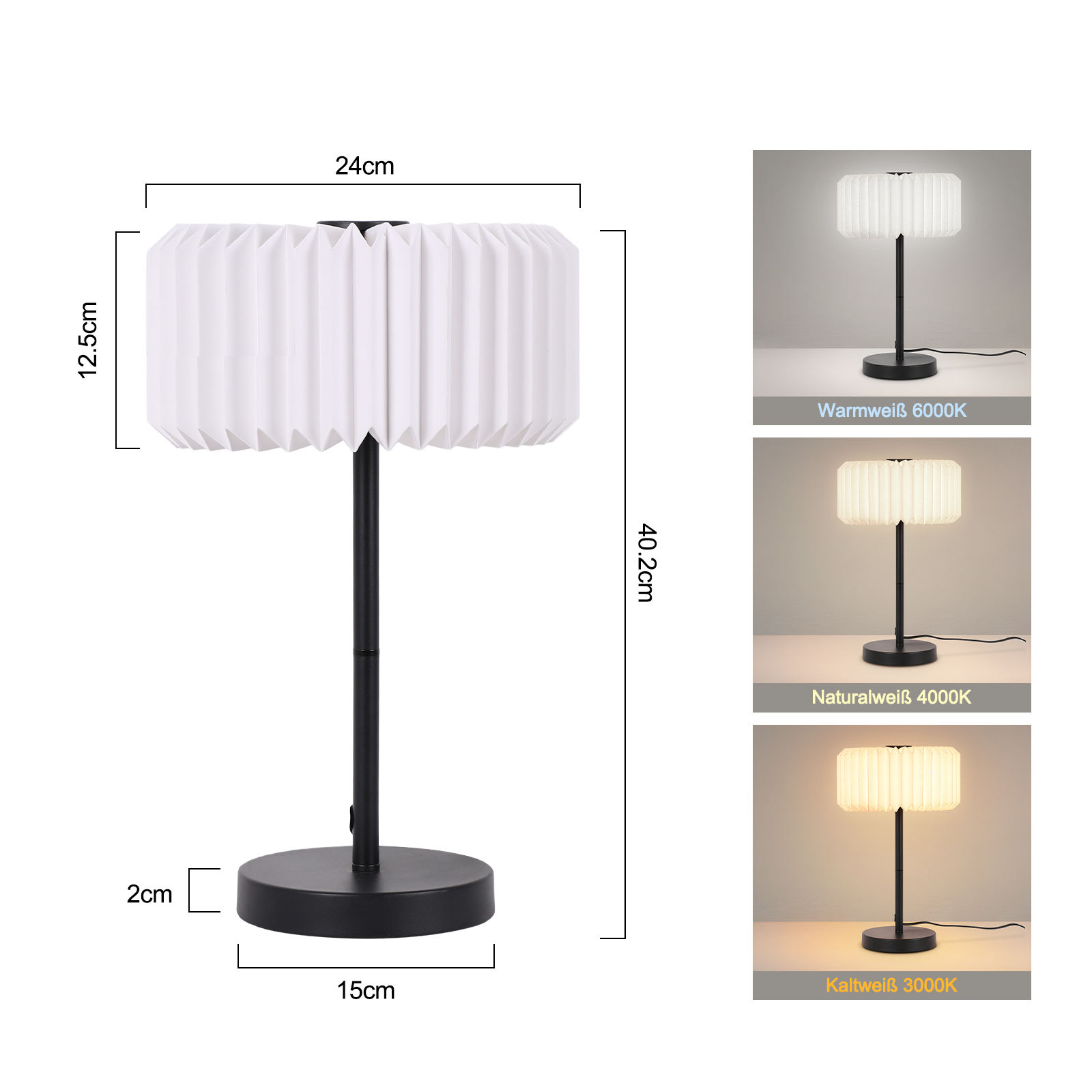 Biała lampa z plisowanym kloszem, z wymiarami i opcjami temperatury barwowej.