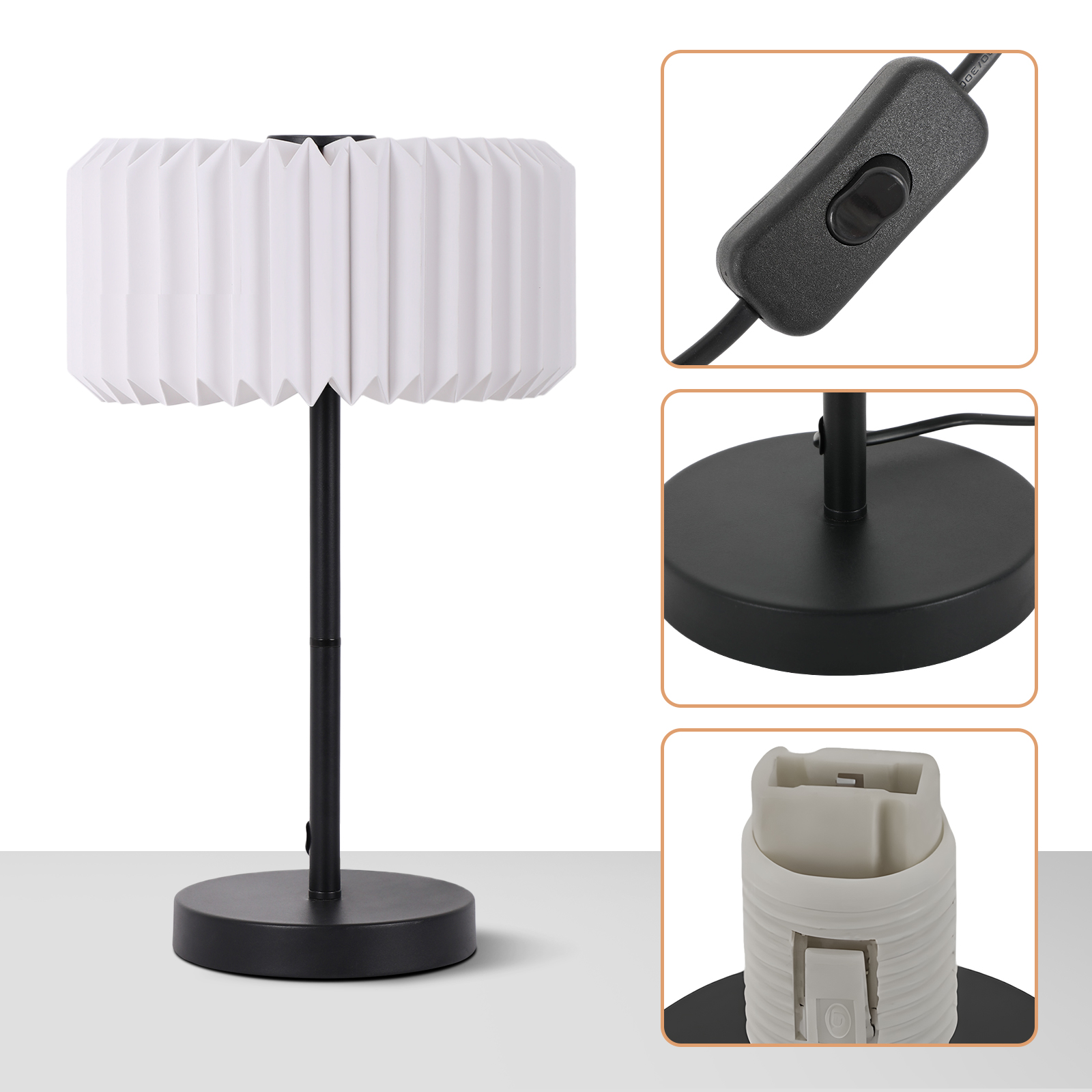 Zbliżenie białej, plisowanej lampy z czarną podstawą, przełącznikiem i detalami oprawki żarówki.