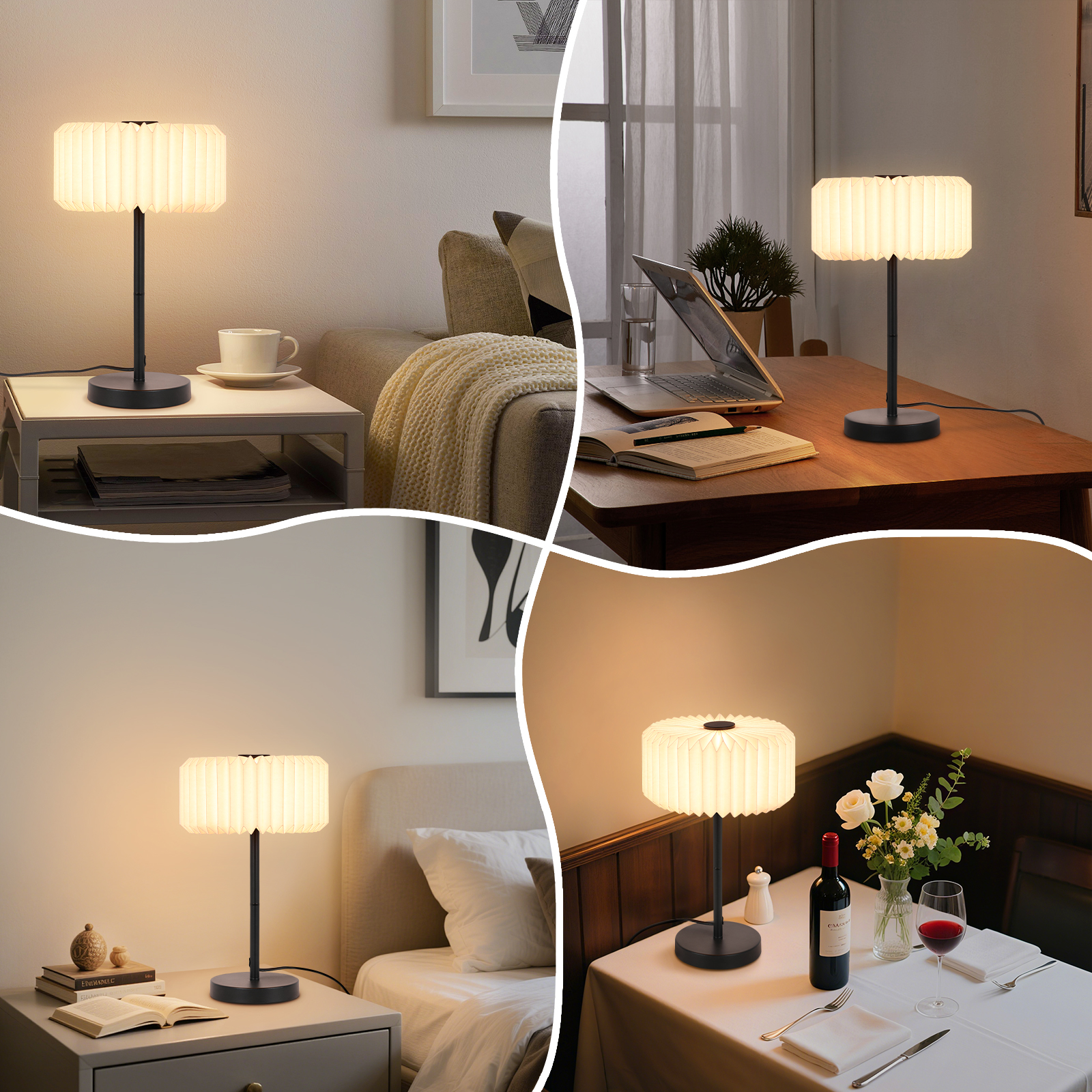 Wiele scen przedstawiających czarną lampę z plisowanym abażurem w różnych ustawieniach pomieszczeń.