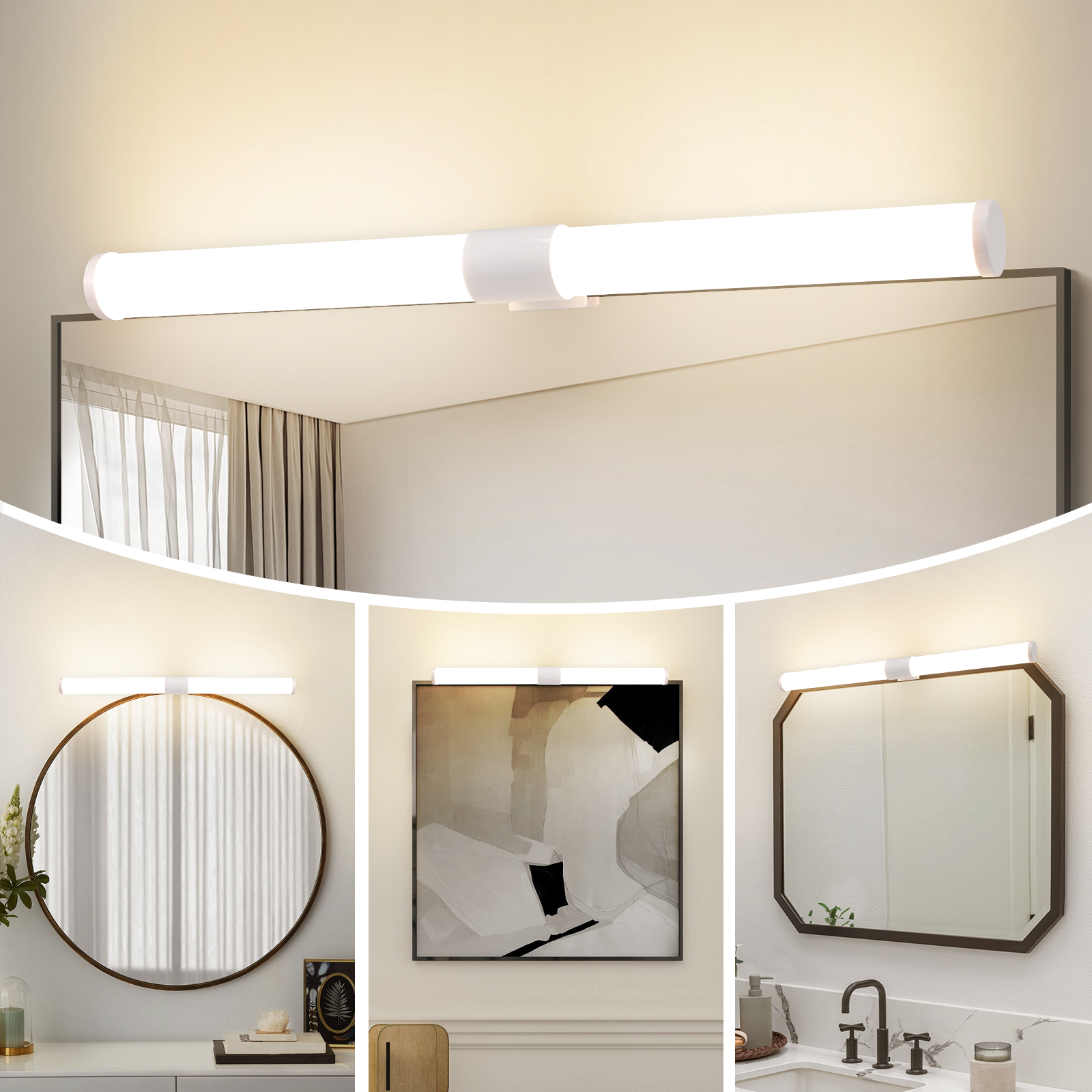 Badezimmer mit Spiegeln und Lichtern. Es gibt drei Bilder, die verschiedene Spiegel mit Lichtern darüber zeigen.
