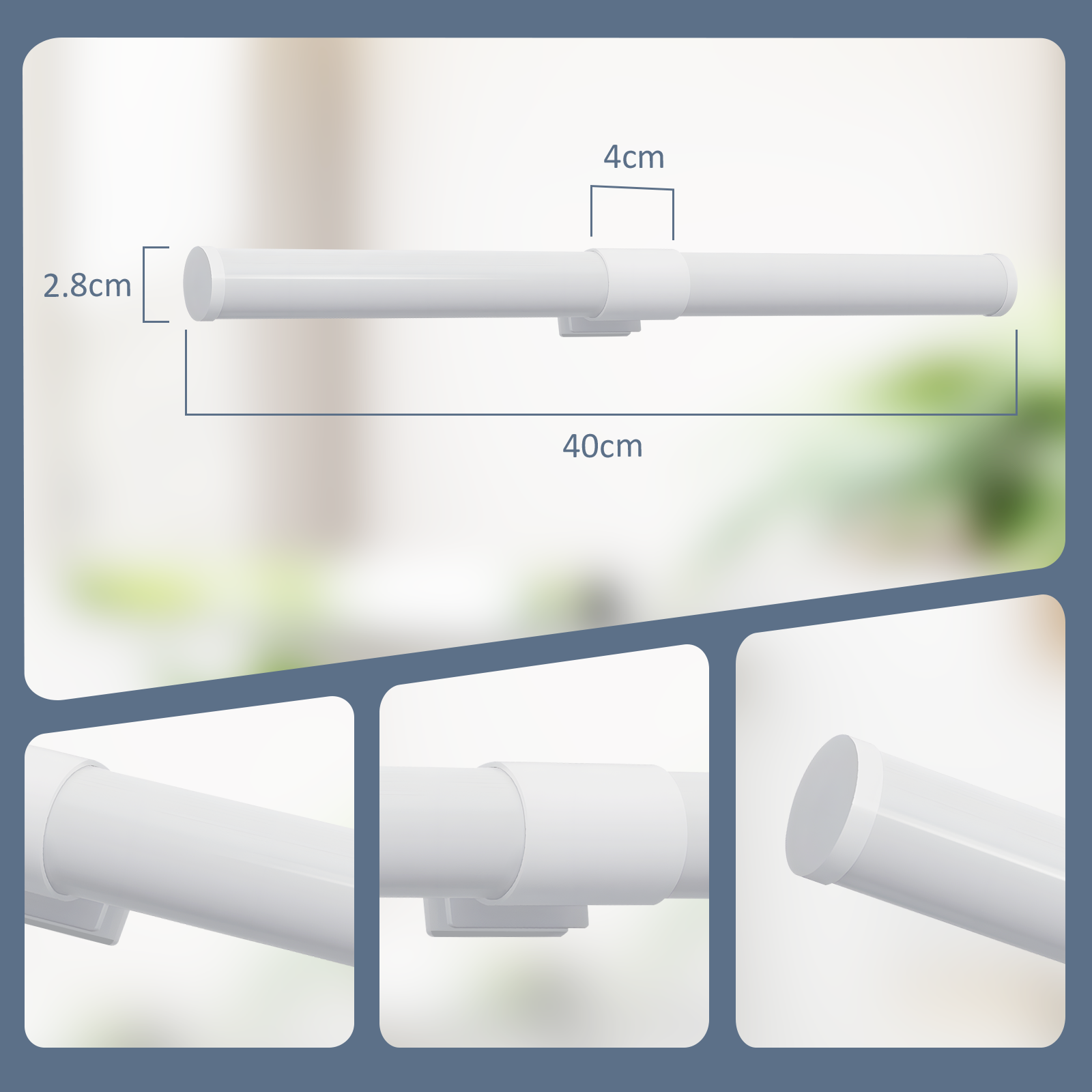 Diagramm einer weißen Badezimmerleuchte mit Abmessungen. Die Leuchte ist an einer weißen Wand montiert.