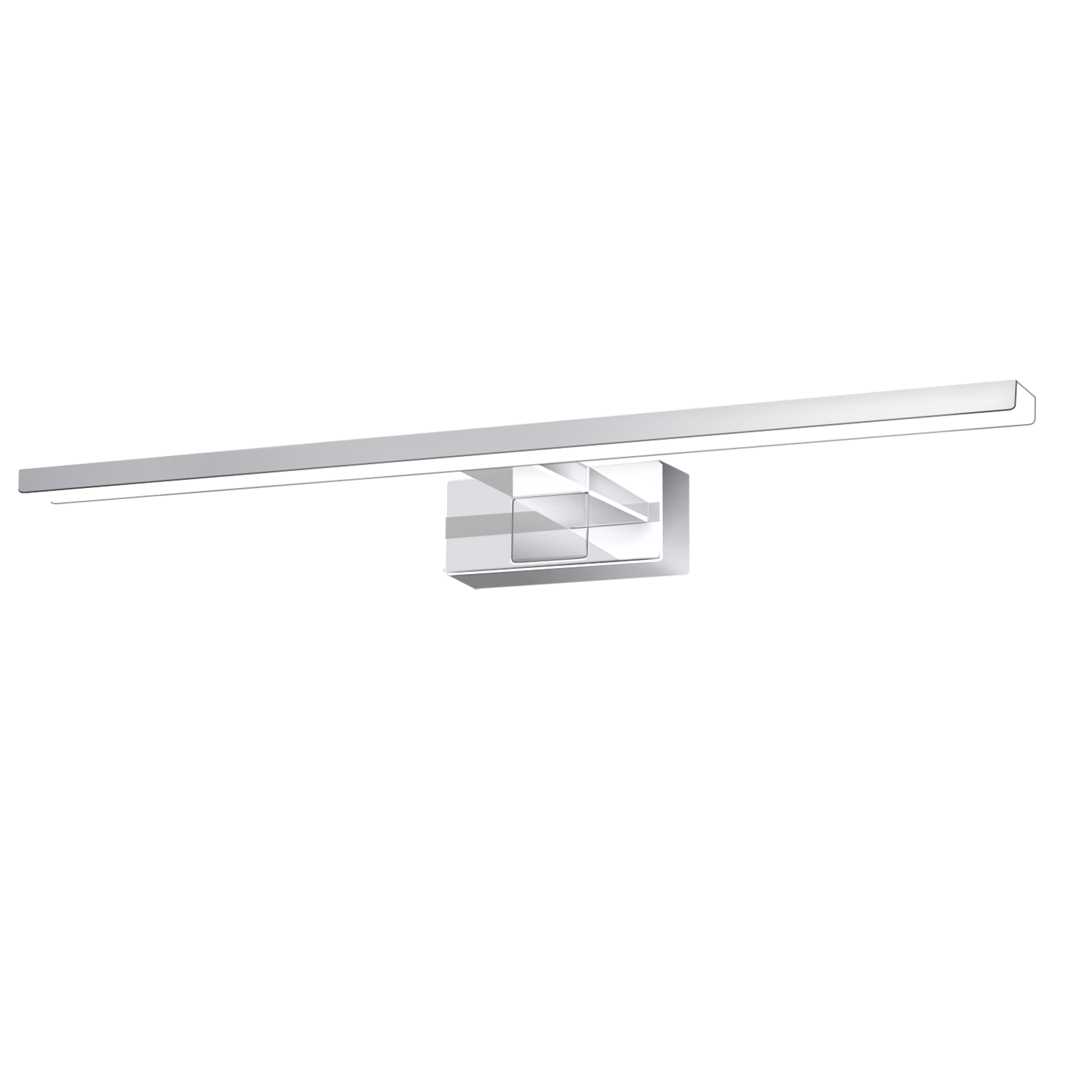 Un apparecchio per l'illuminazione del bagno cromato. Ha una base rettangolare e una lunga e sottile barra luminosa.
