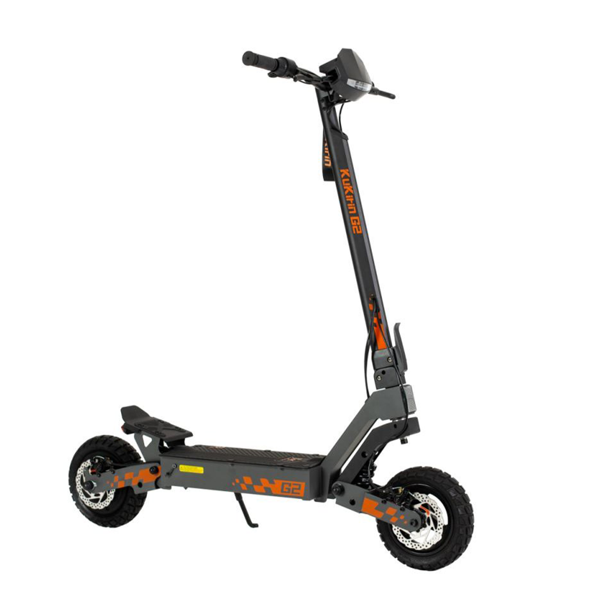 Hulajnoga elektryczna. Ma czarną ramę z szarymi i pomarańczowymi akcentami. Hulajnoga ma dwa koła.