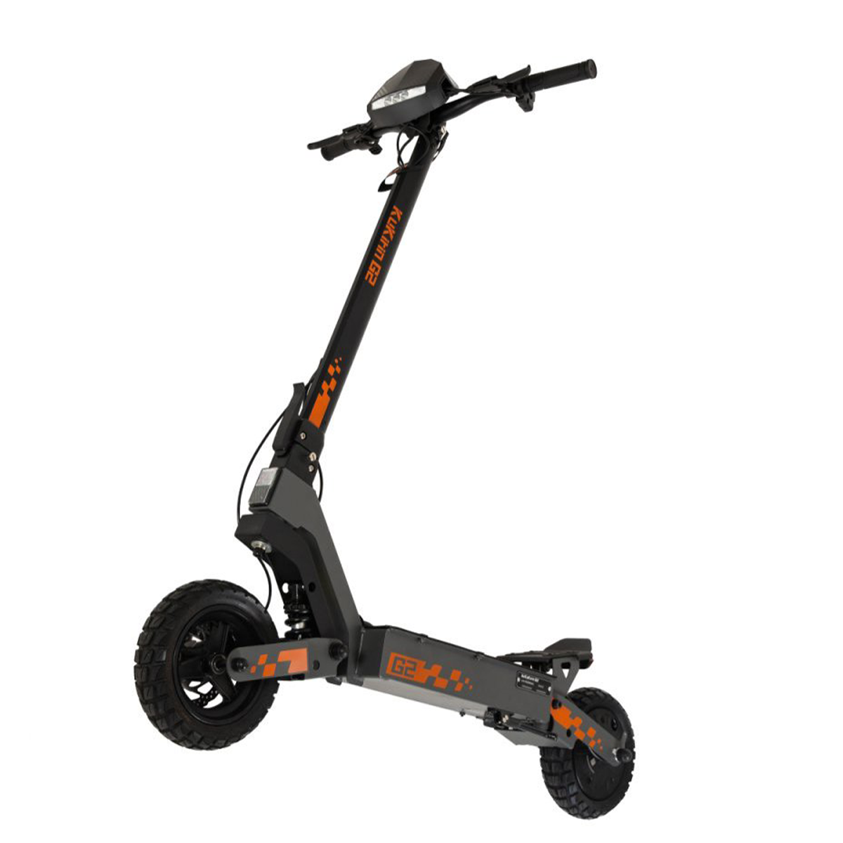 Hulajnoga elektryczna, szara i pomarańczowa, z dwoma kołami i kierownicą. Hulajnoga stoi na białym tle.