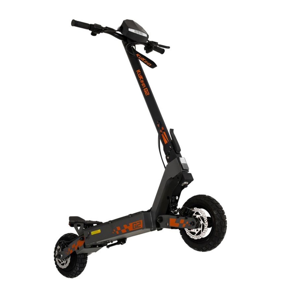 Hulajnoga elektryczna z czarno-szarą ramą. Ma pomarańczowe akcenty i dwa koła.