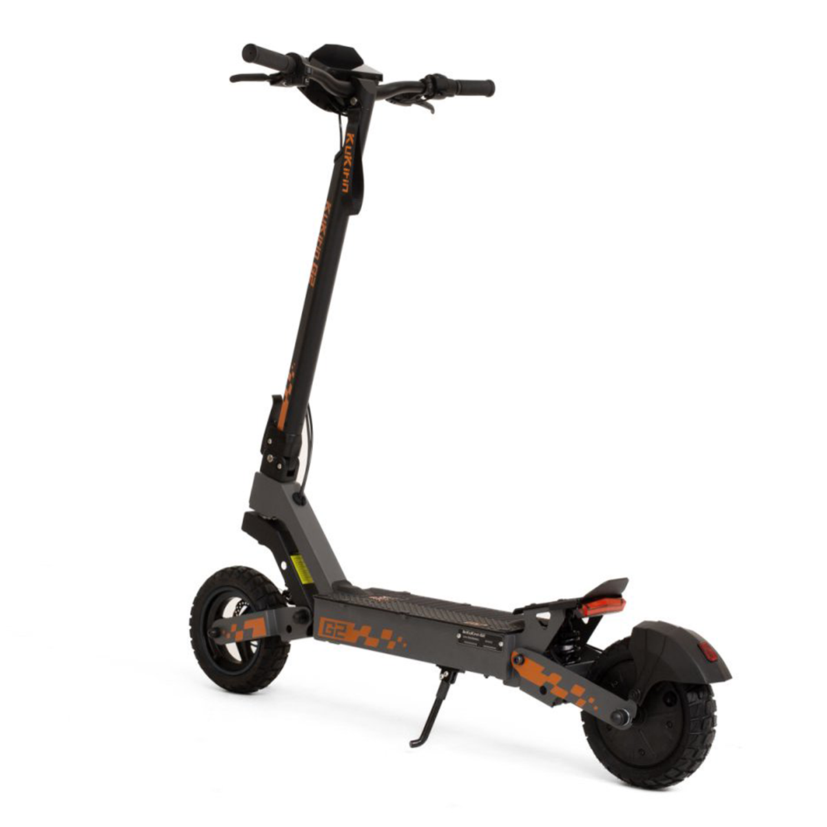 Hulajnoga elektryczna z czarno-szarą ramą. Ma pomarańczowe akcenty, dwa koła i podpórkę.
