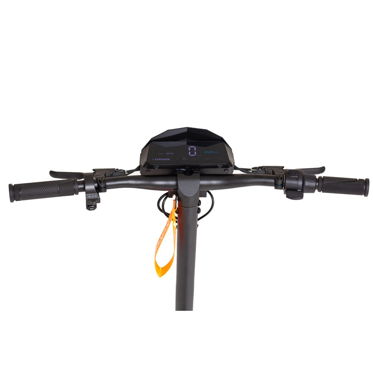 Kierownica hulajnogi elektrycznej. Hulajnoga ma wyświetlacz i elementy sterujące prędkością i innymi funkcjami.