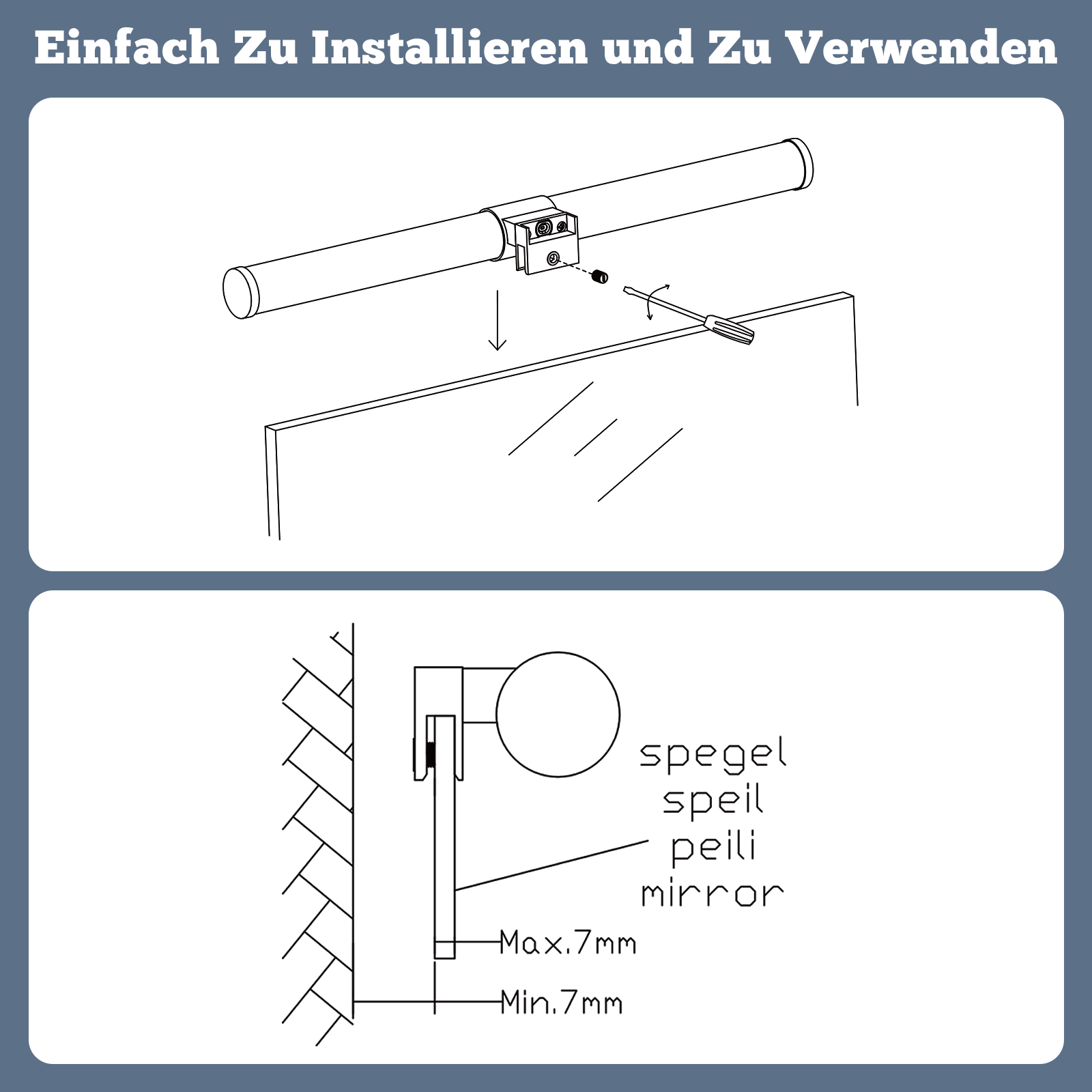 Strichzeichnung, Montageanleitung für eine Spiegelleuchte. Zeigt die Installation.