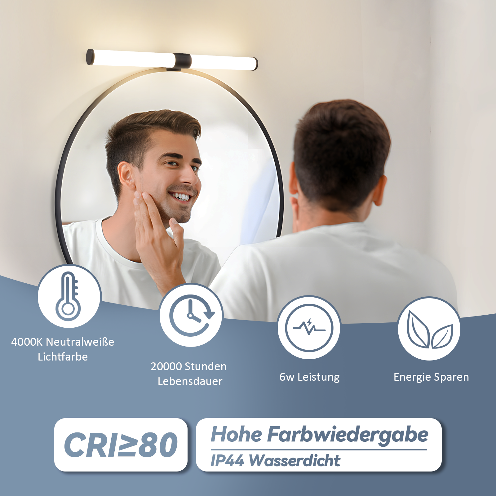 Mann im Badezimmer schaut in Spiegel, Leuchte darüber, Symbole darunter.