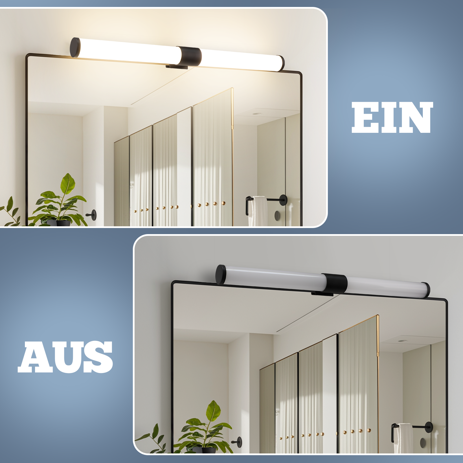 Zwei Spiegel mit einer Leuchte darüber, einer zeigt das Licht an und der andere aus.