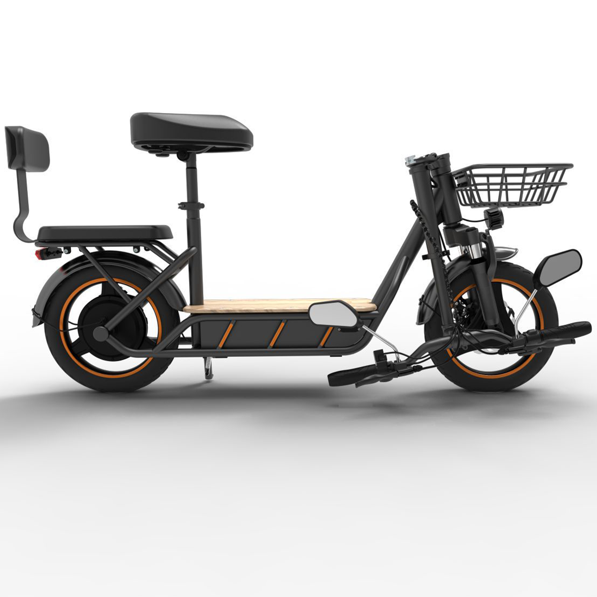 Czarny rower elektryczny z siedzeniem, oparciem i koszem, na białym tle, zaprojektowany z myślą o komforcie.