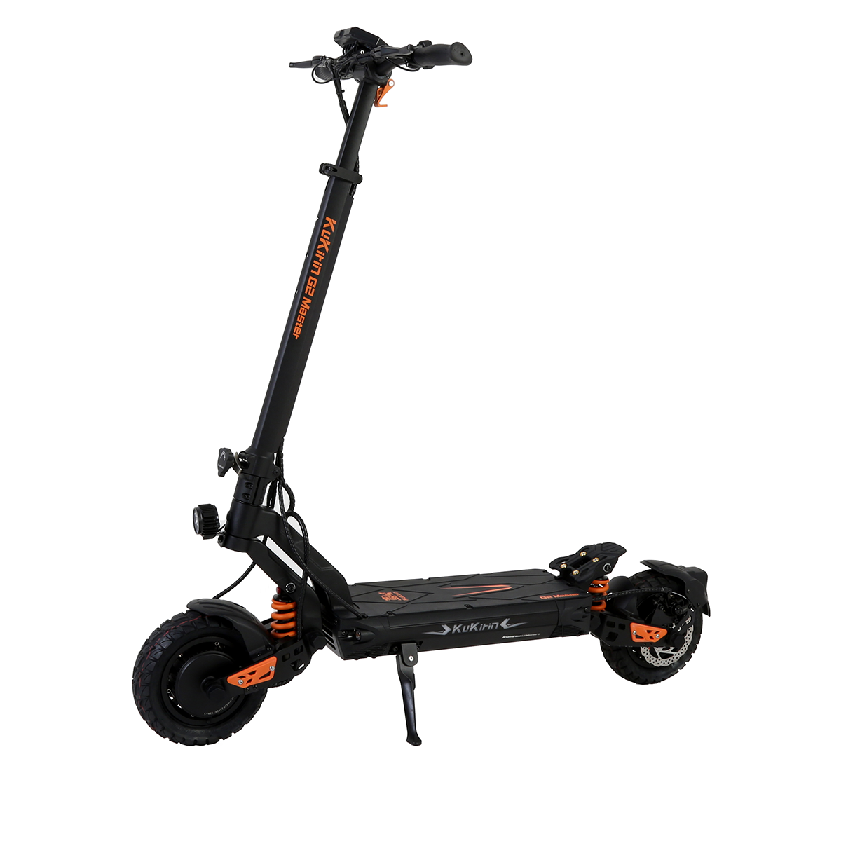 Czarna hulajnoga elektryczna z pomarańczowymi akcentami. Ma duże koła i nazwę marki na kierownicy.