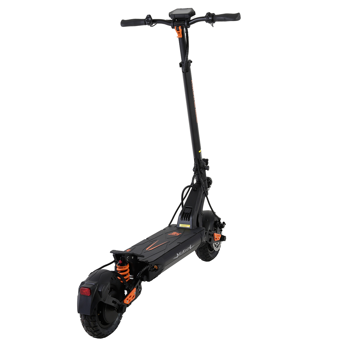 Czarna hulajnoga elektryczna z pomarańczowymi akcentami, widok z niskiego kąta. Koła duże, kierownica wysoka.