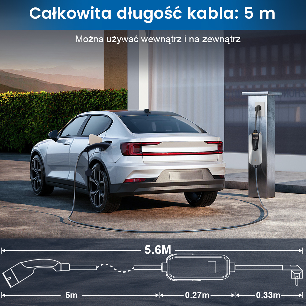 Biały samochód ładujący się na stacji ładowania. Diagram przedstawia wymiary kabla.