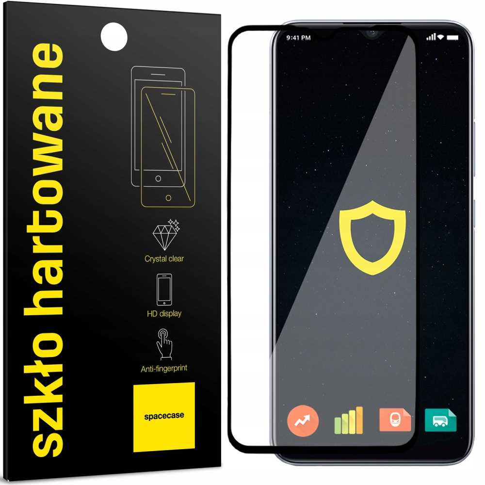 Smartfon z ochraniaczem ekranu obok opakowania z tekstem. Telefon pokazuje ikonę tarczy.