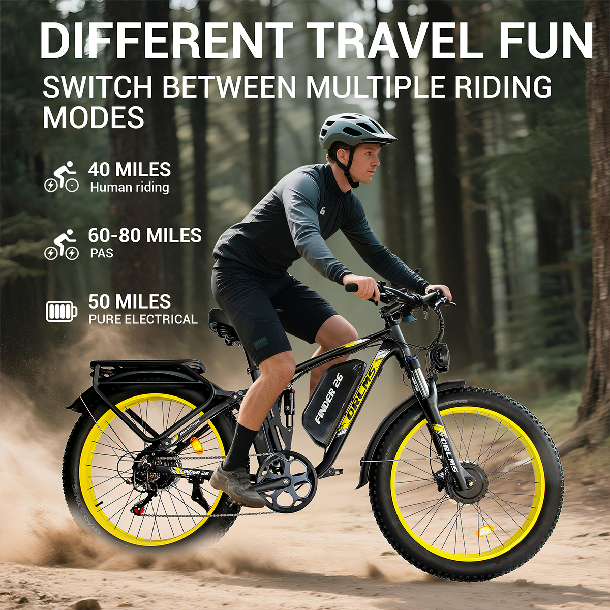 Osoba jadąca rowerem elektrycznym na ścieżce. Tekst opisuje tryby jazdy.