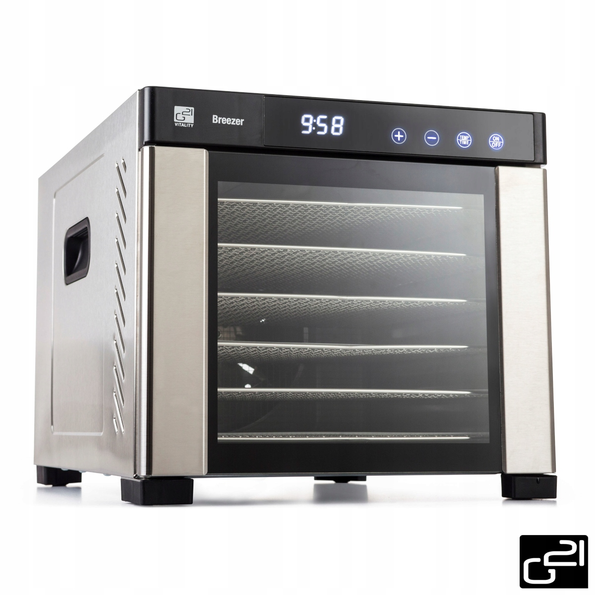 Suszarka do żywności ze stali nierdzewnej z cyfrowym wyświetlaczem 9:58. Posiada szklane drzwi i półki.