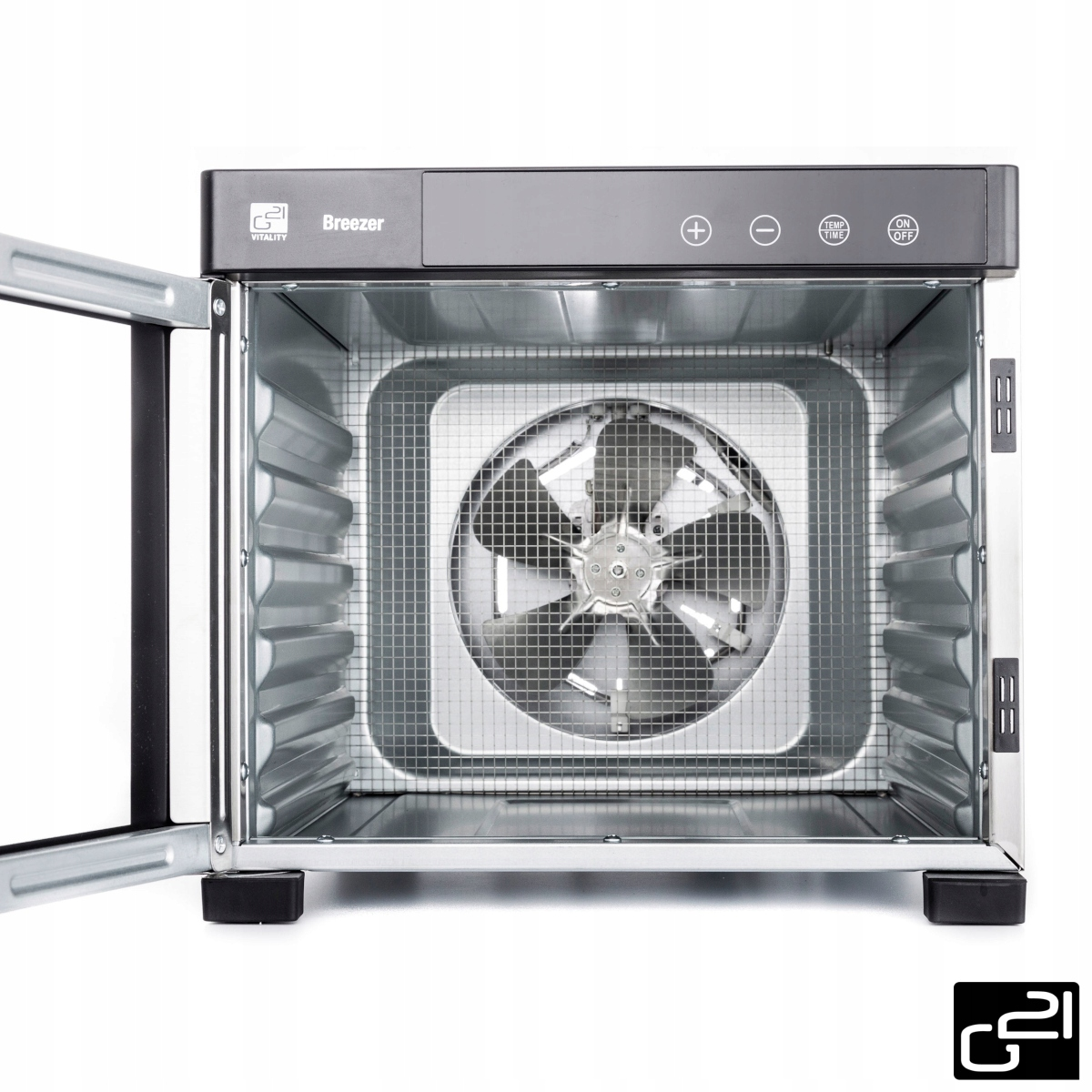 Otwarty metalowy piekarnik z wentylatorem. Posiada panel sterowania na górze i stoi na czarnych nóżkach.