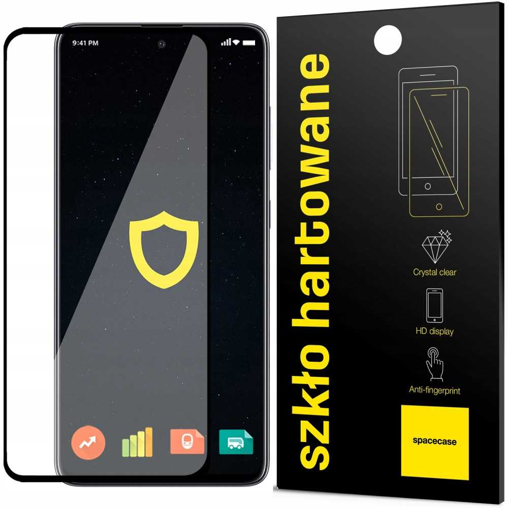 Czarny telefon z żółtą tarczą na ekranie, obok czarno-żółtego pudełka z tekstem i ikonami.