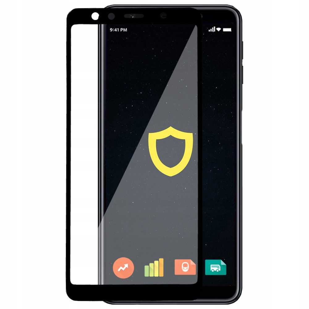 Czarny telefon z żółtą tarczą na ekranie, obok folii ochronnej na ekran.