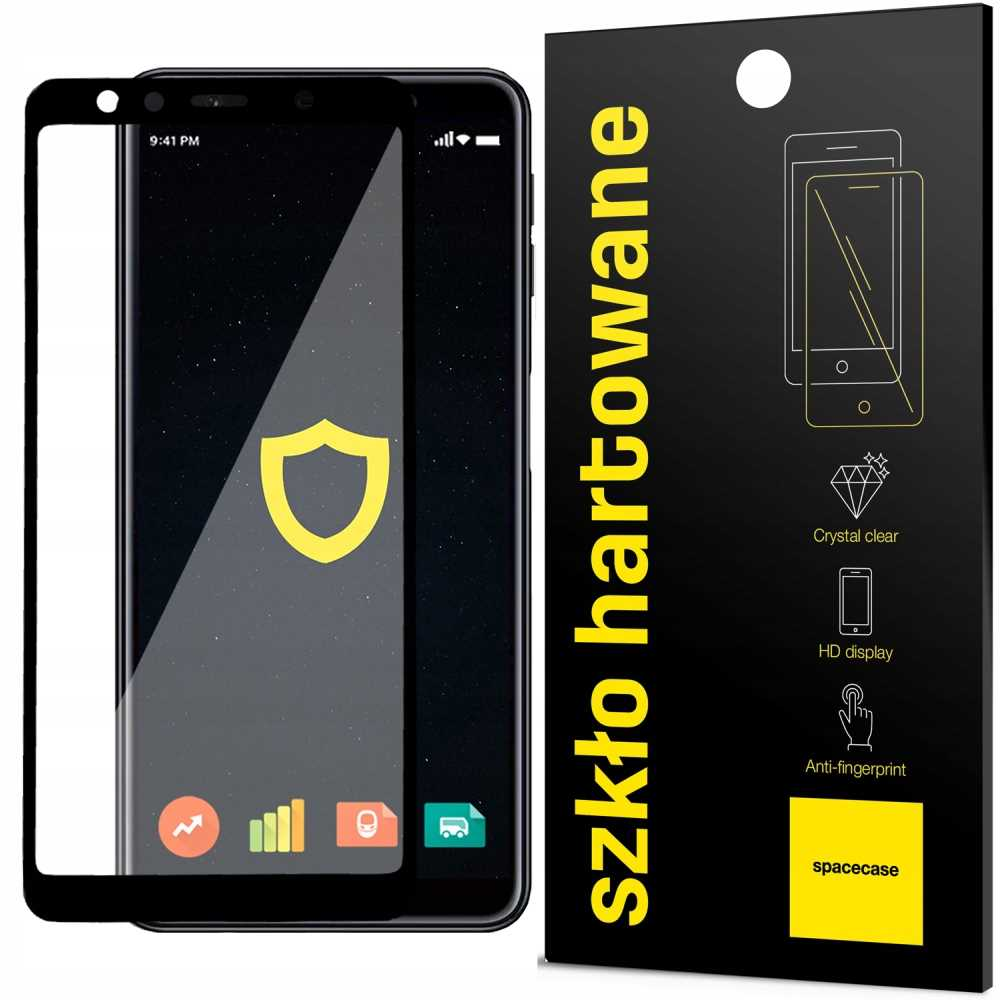 Telefon z ochraniaczem ekranu obok czarnego pudełka z polskim tekstem, pokazującym zarys telefonu i ikony.