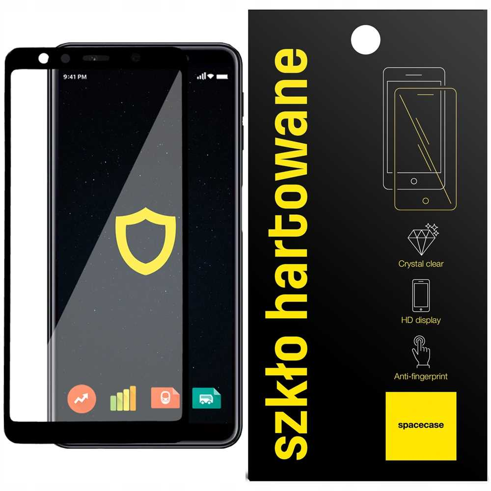 Czarny telefon z żółtą tarczą na ekranie, obok czarno-żółtego pudełka z tekstem i ikonami.