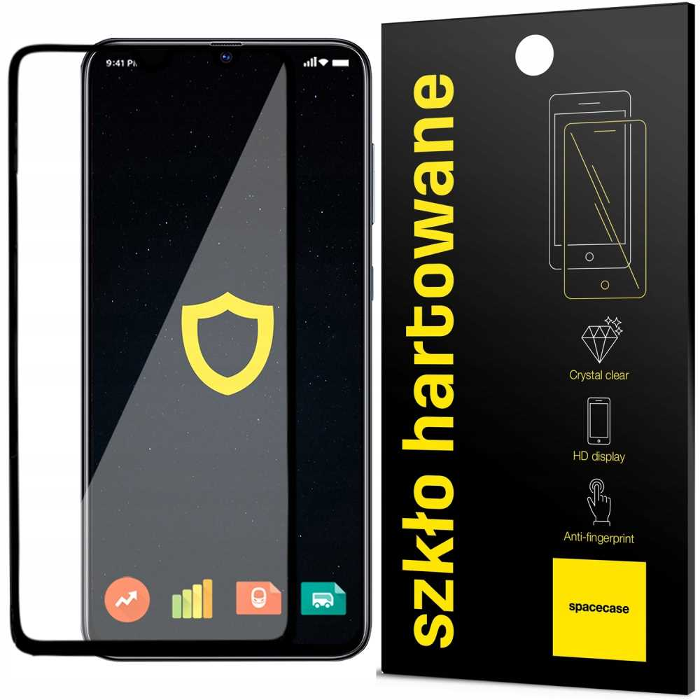Telefon z ochraniaczem ekranu obok czarnego opakowania. Ekran wyświetla żółtą ikonę tarczy.