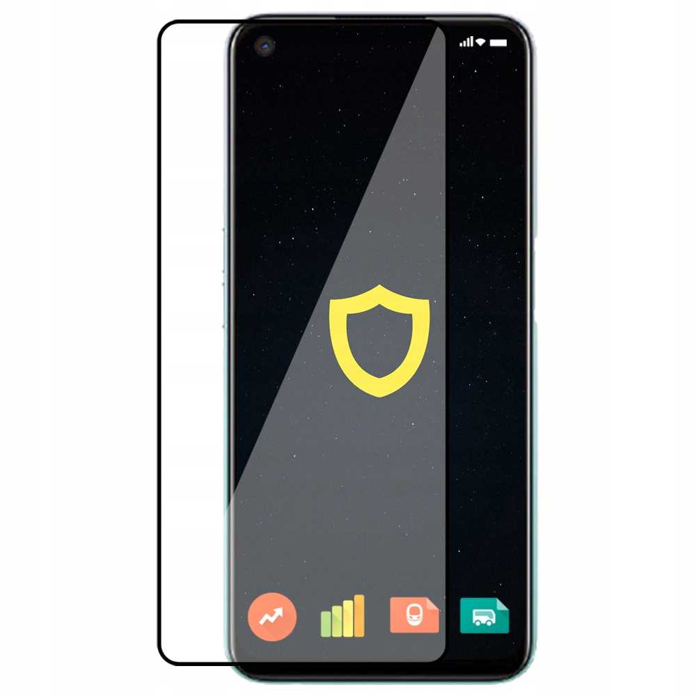 Smartfon z ochraniaczem ekranu. Ekran wyświetla żółtą ikonę tarczy na tle gwiazd.