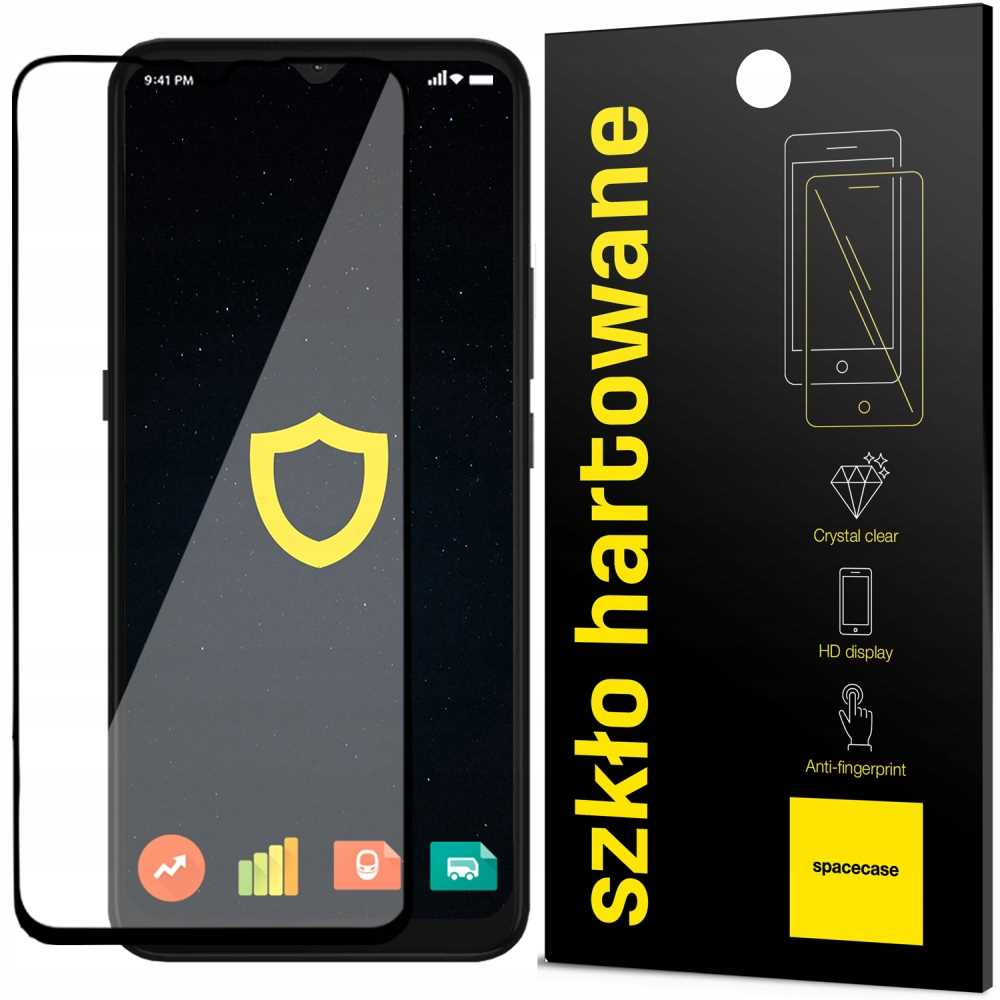 Telefon z ochraniaczem ekranu obok czarnego opakowania. Ekran wyświetla żółtą ikonę tarczy.