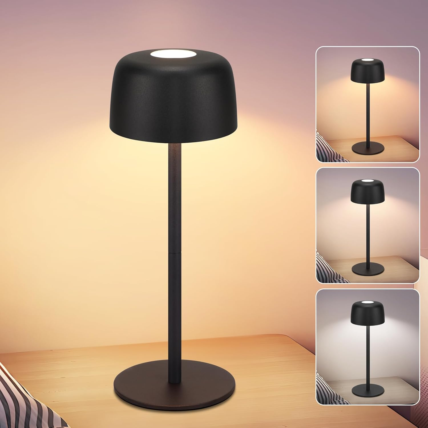 Una lampada da tavolo nera con luce bianca. Tre lampade aggiuntive mostrano diversi colori di luce.