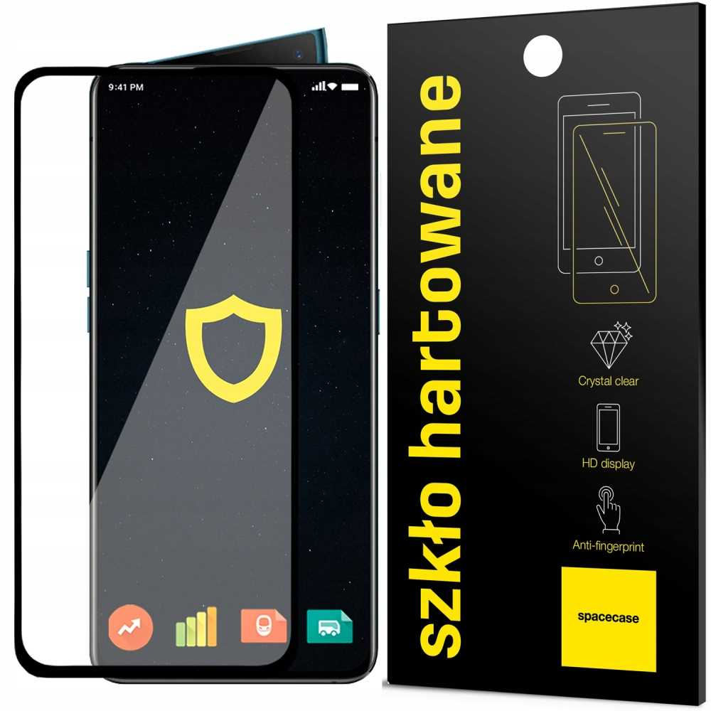 Smartfon z ochraniaczem ekranu. Telefon wyświetla gwiaździstą noc i ikonę tarczy. Ochraniacz po prawej stronie.
