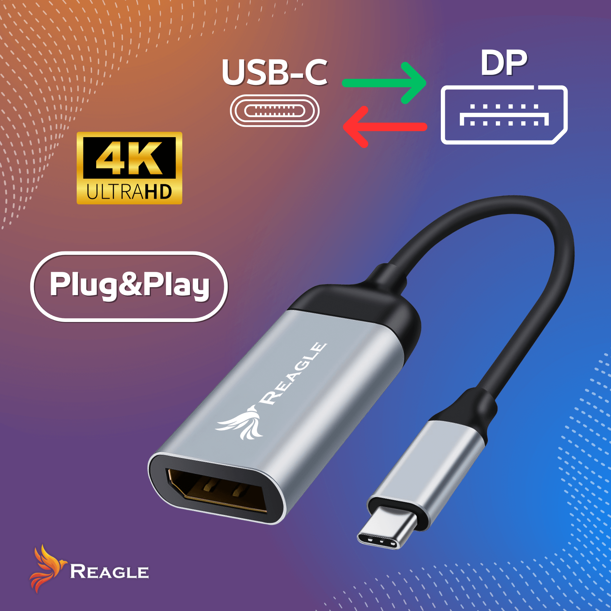 Srebrny i czarny kabel adaptera HDMI do USB-C, z tekstem wskazującym funkcjonalność USB-C do DP.