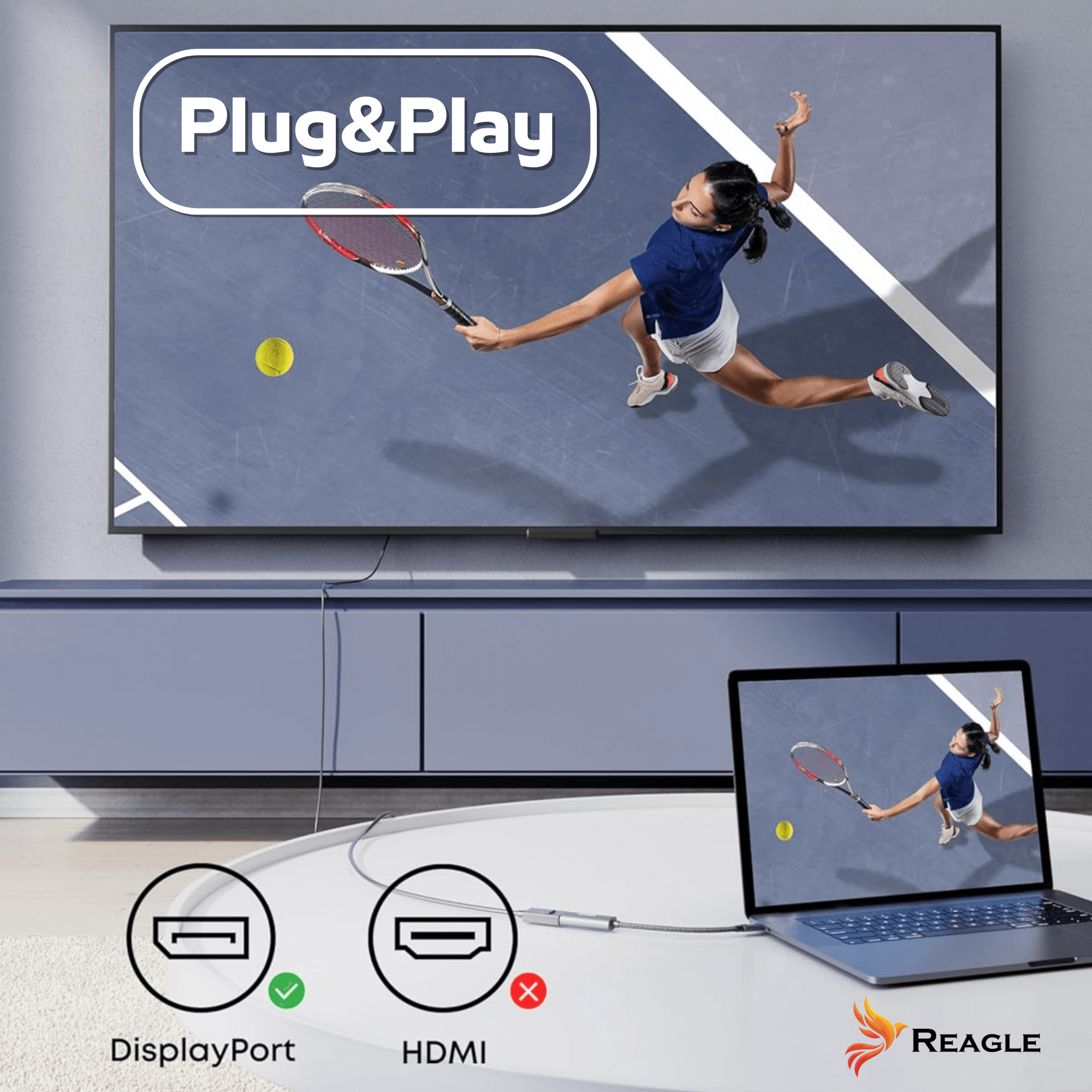 Mecz tenisa w telewizji i na laptopie. Jedna osoba gra w tenisa w telewizji, a druga na laptopie.