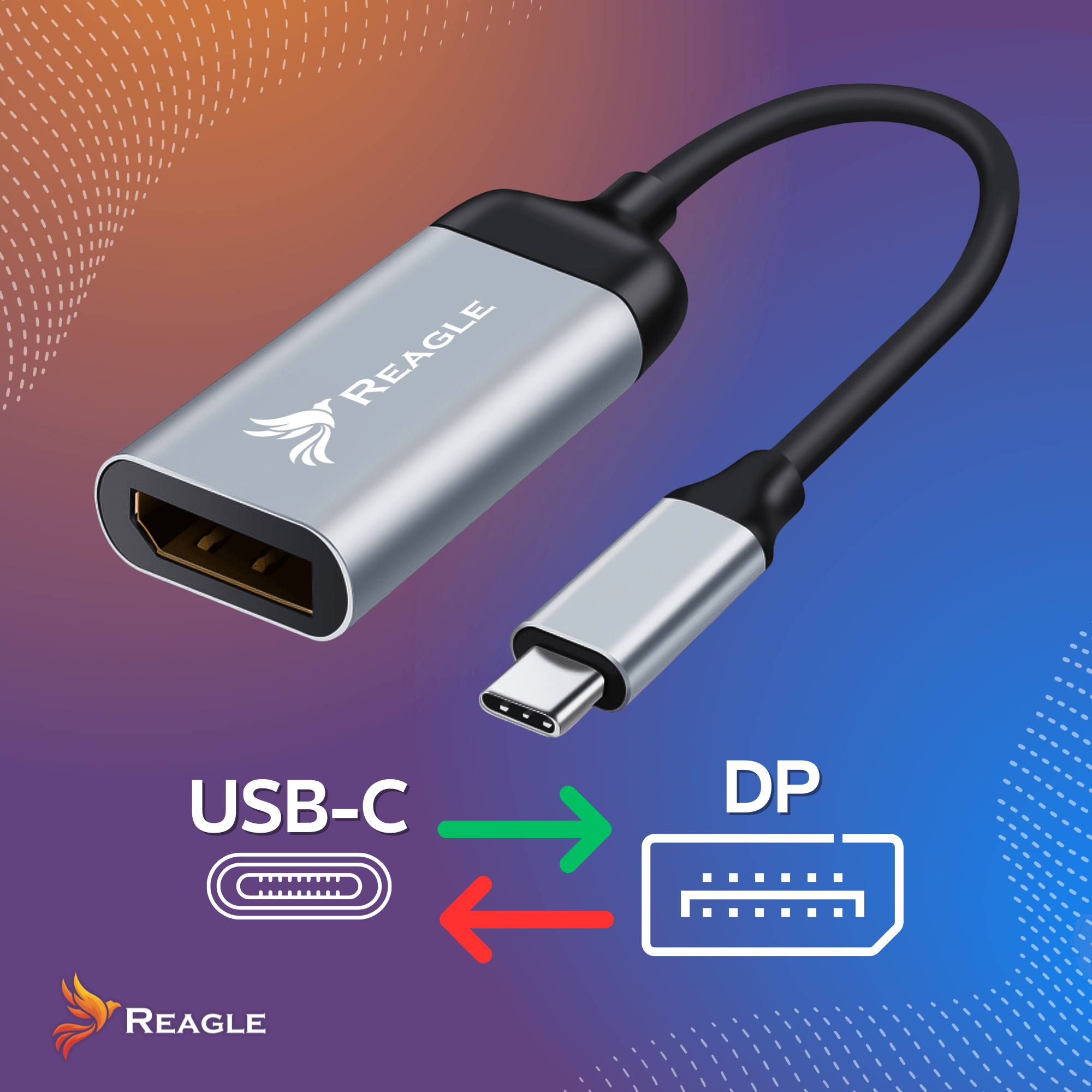 Srebrno-czarny adapter USB-C do DP, ze strzałkami wskazującymi kierunek przesyłania danych.