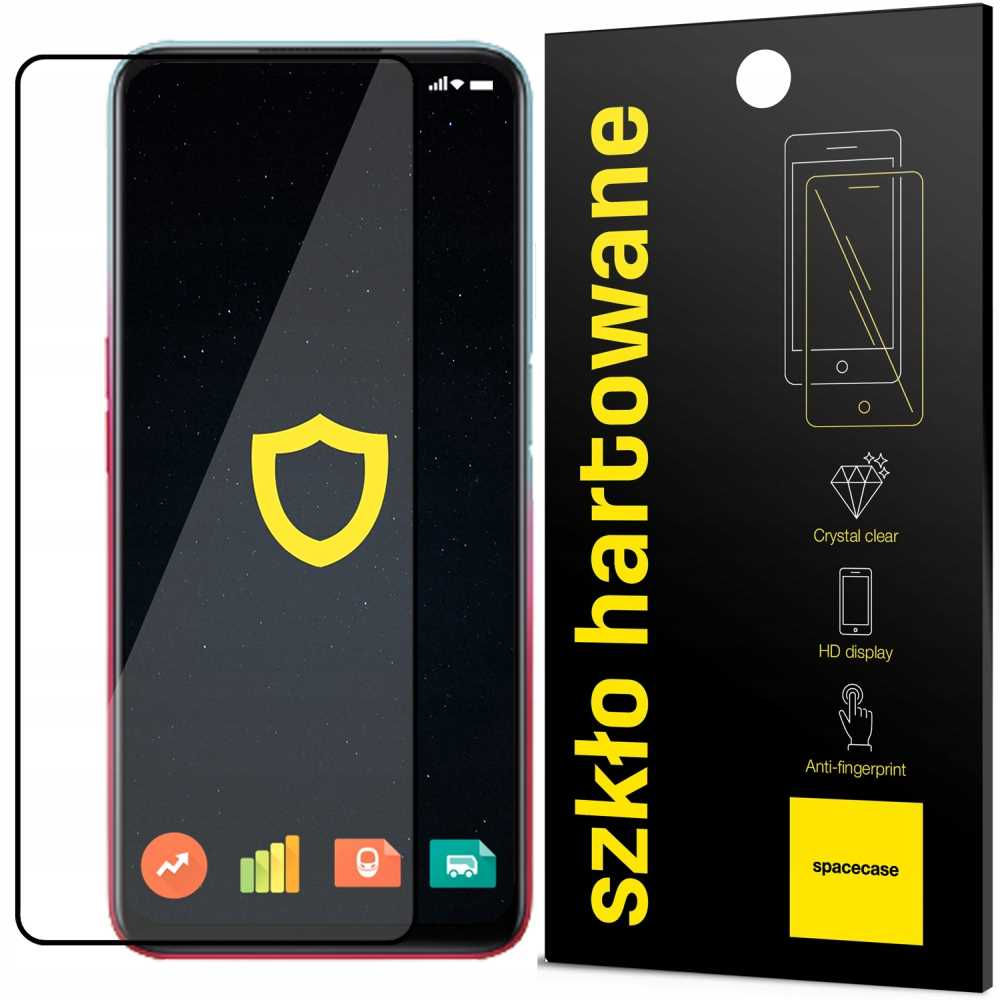 Telefon z ochraniaczem ekranu, z czarnym opakowaniem po prawej stronie z żółtym tekstem.