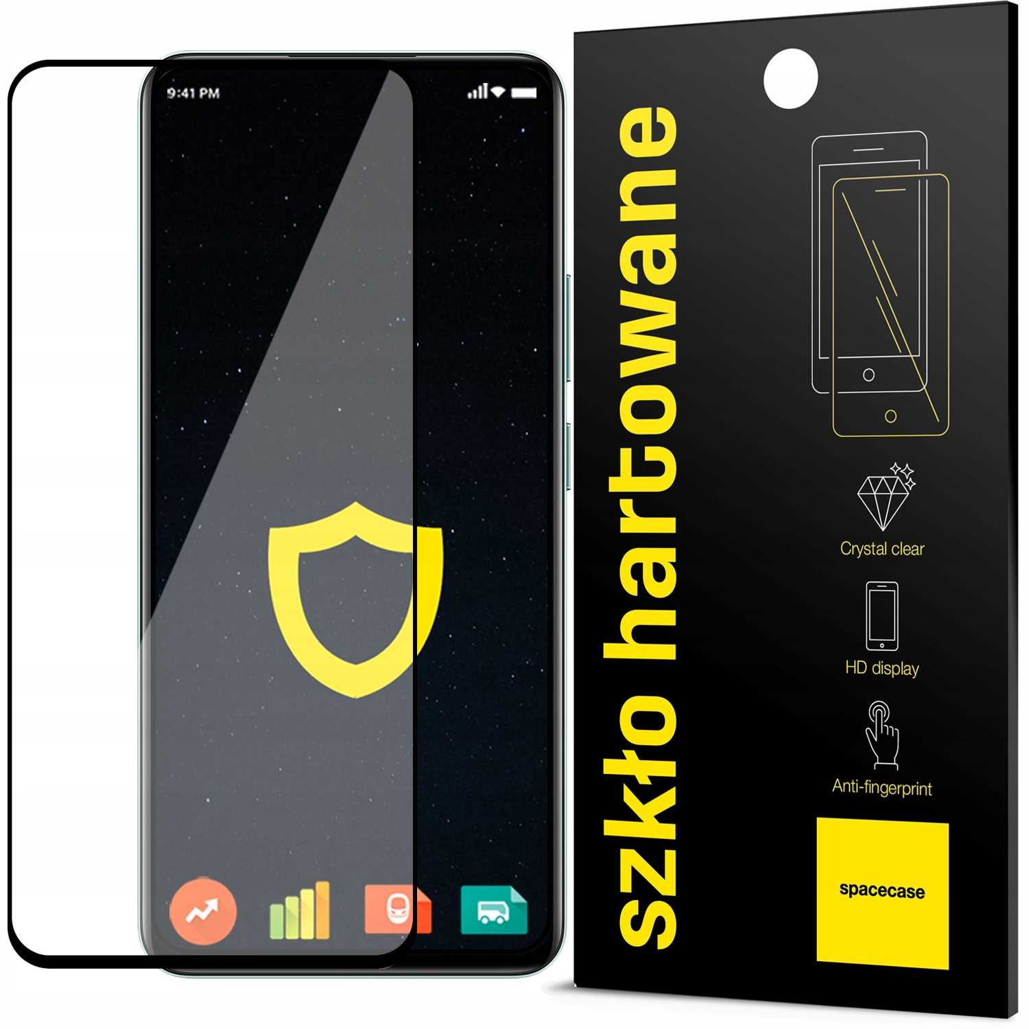 Smartfon z ochraniaczem ekranu i opakowaniem. Widoczne tło gwiaździstej nocy. Ikona tarczy na telefonie.
