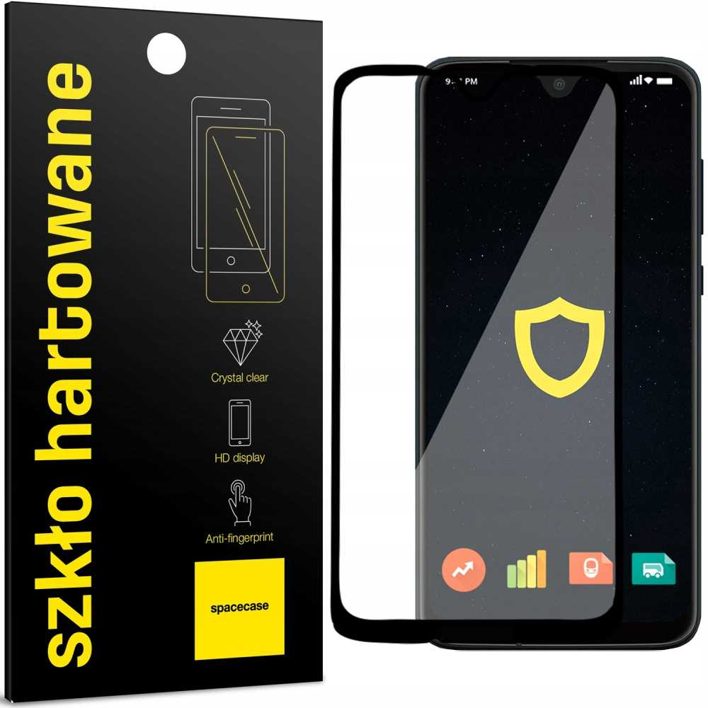 Smartfon z ochroną ekranu. Wyświetla ikonę tarczy na ekranie.
